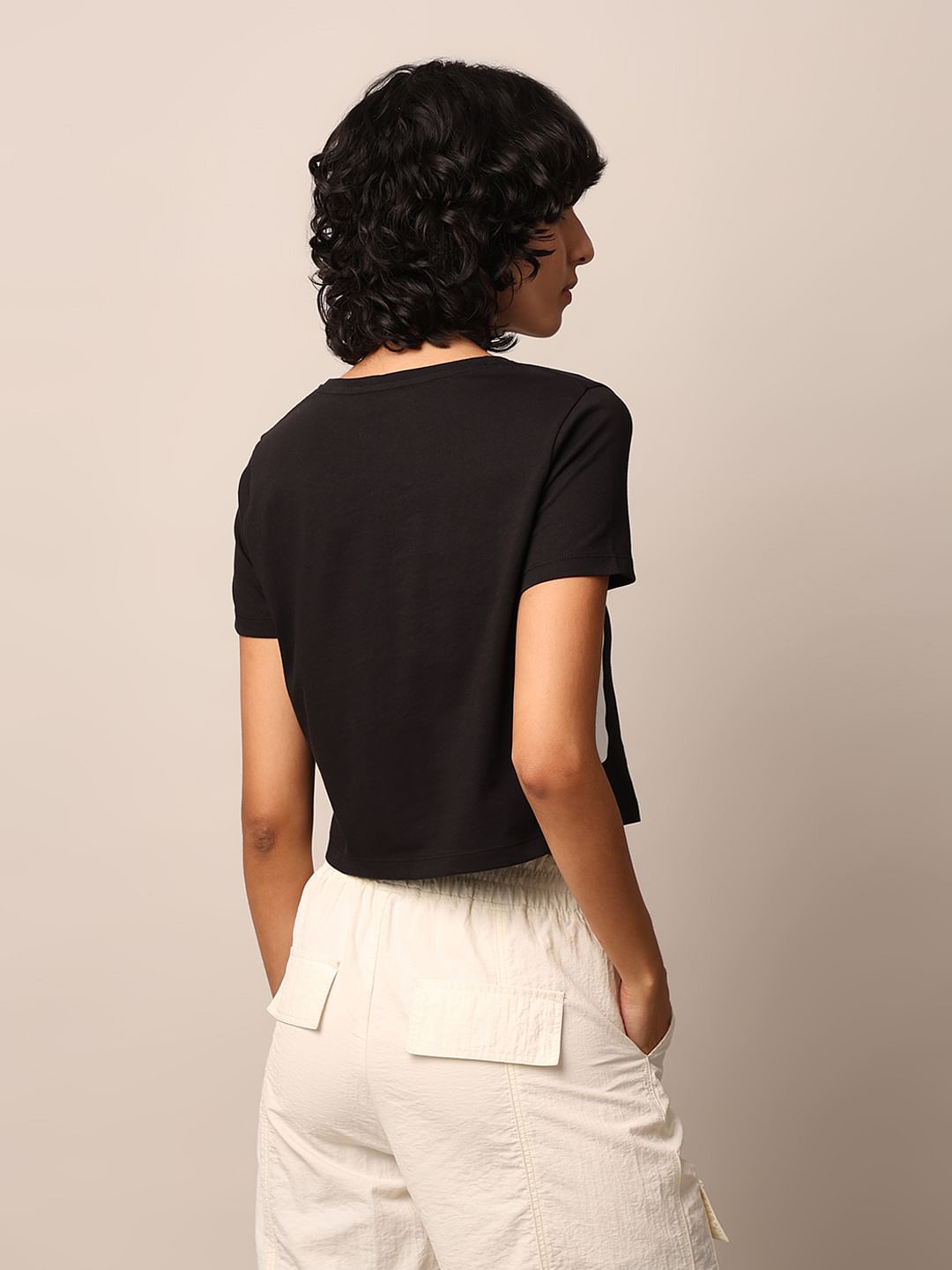 Black Printed Cropped T-Shirt