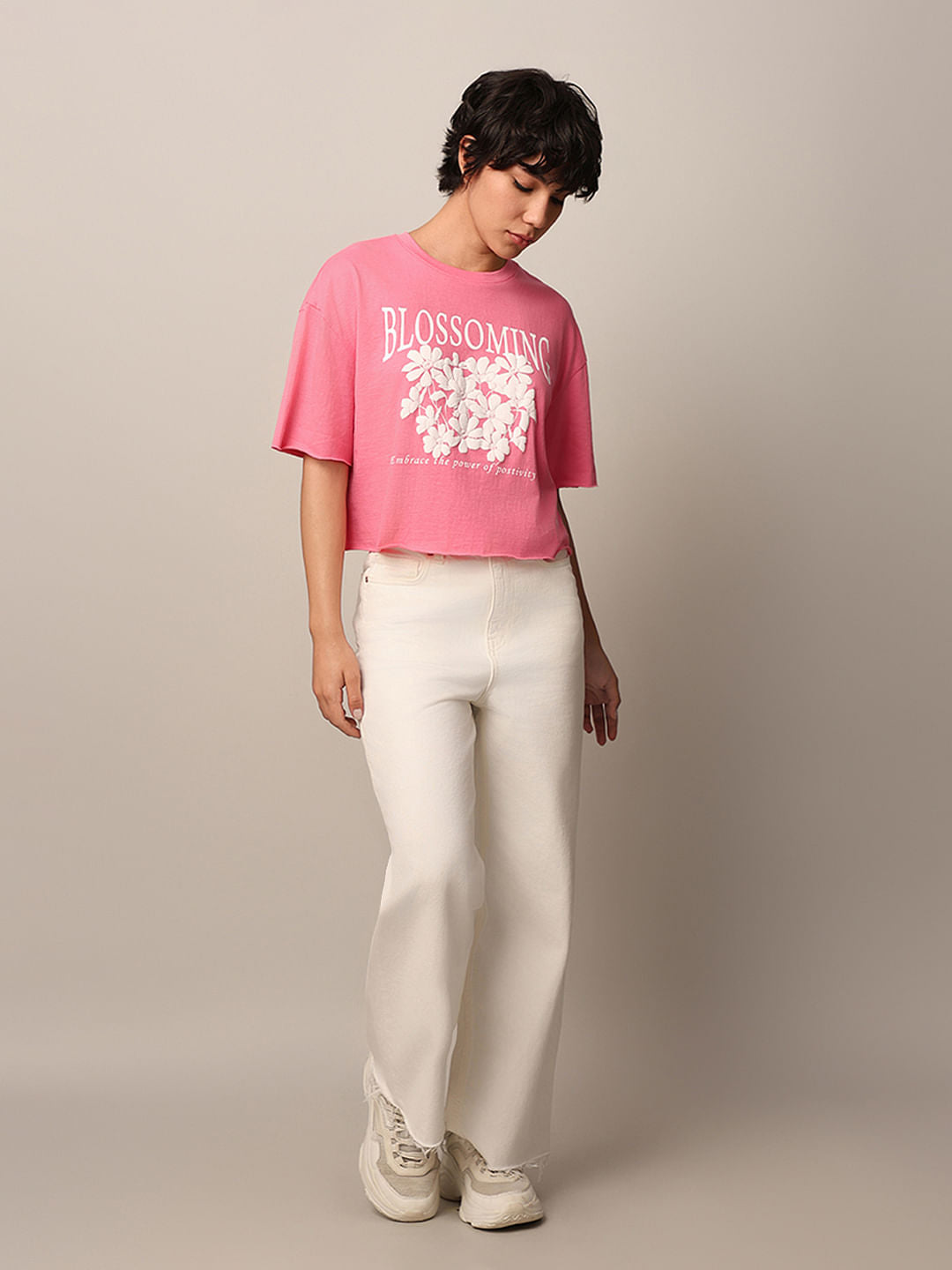 Pink Floral Boxy Fit Cropped T-Shirt