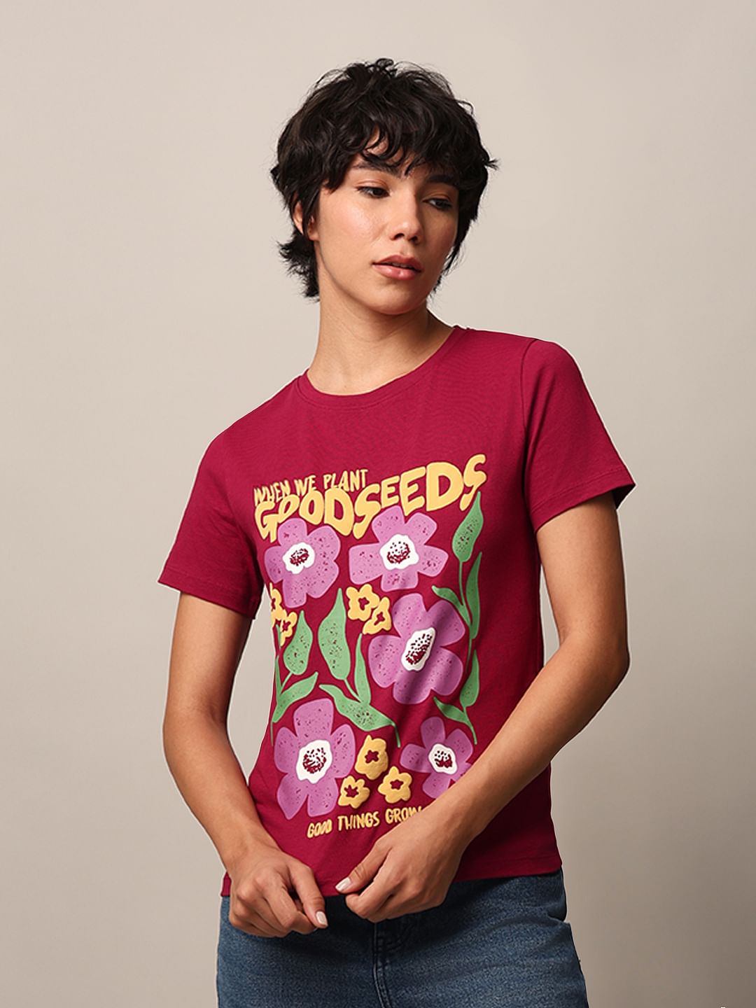 Maroon Floral Print T-Shirt