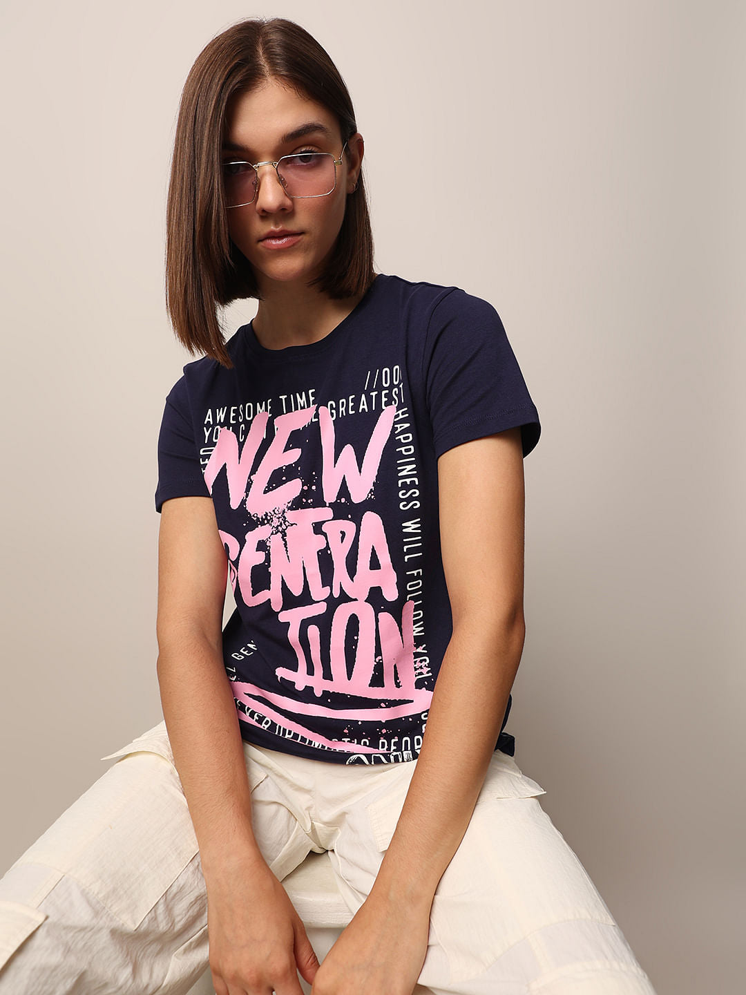 Blue Printed Cotton T-Shirt