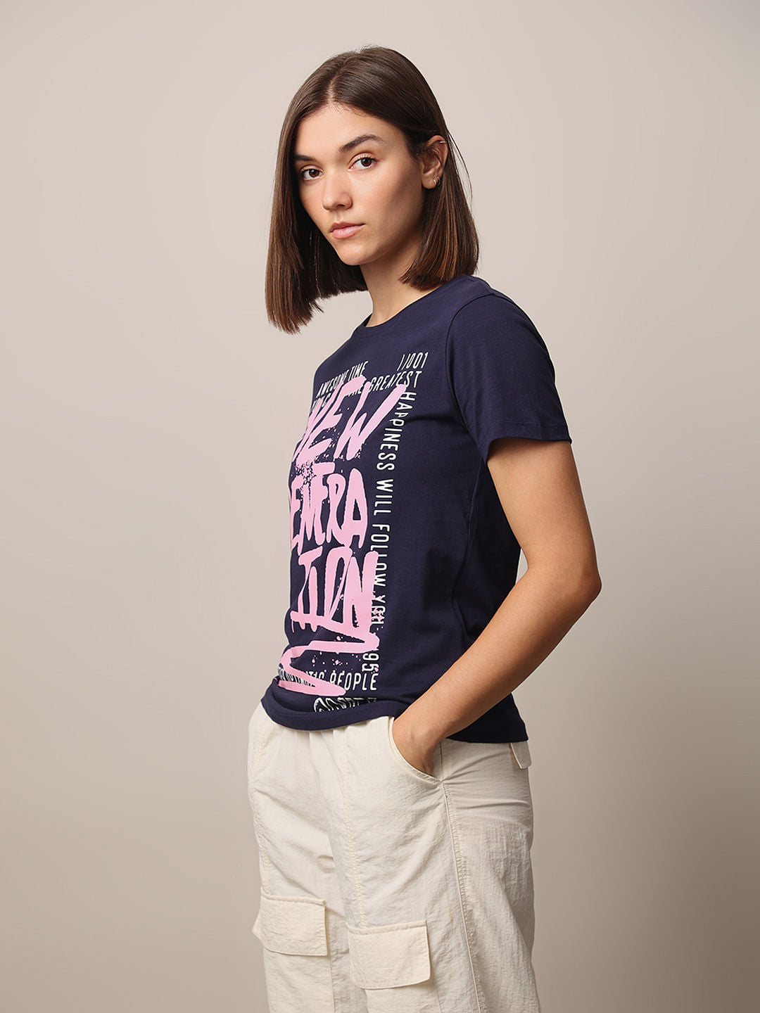 Blue Printed Cotton T-Shirt