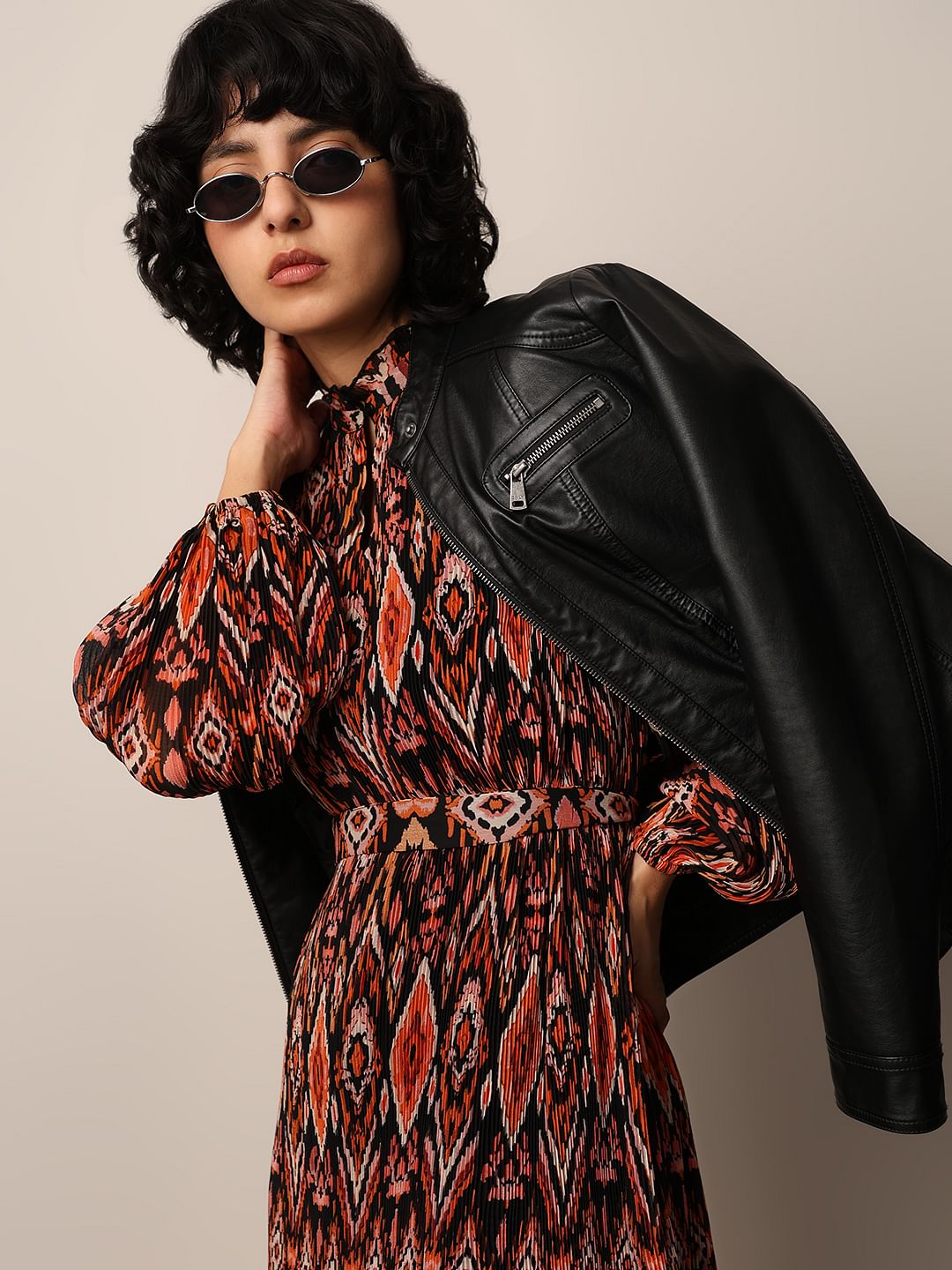 Black Printed Pleated Midi Dress