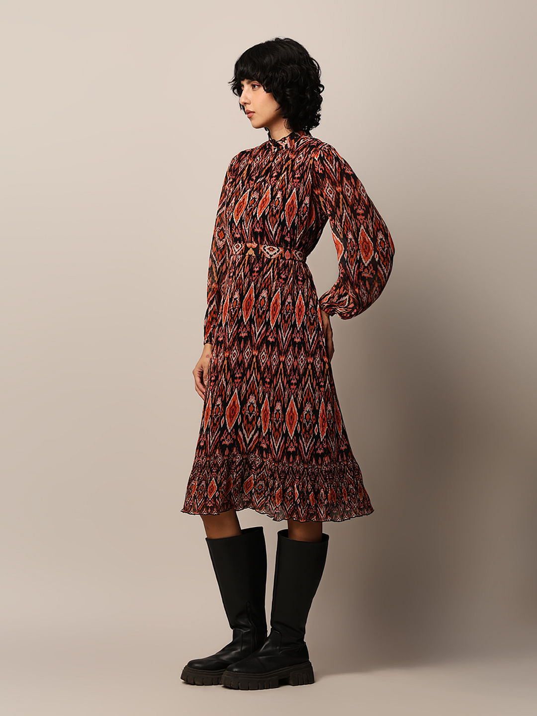 Black Printed Pleated Midi Dress