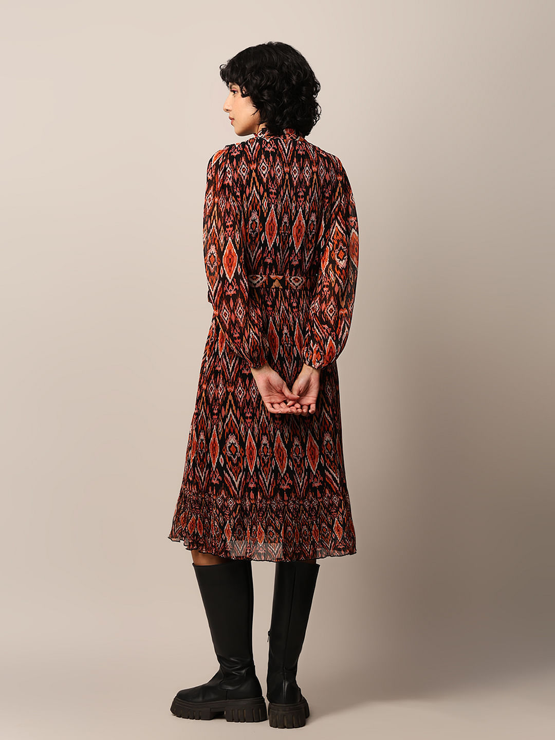 Black Printed Pleated Midi Dress