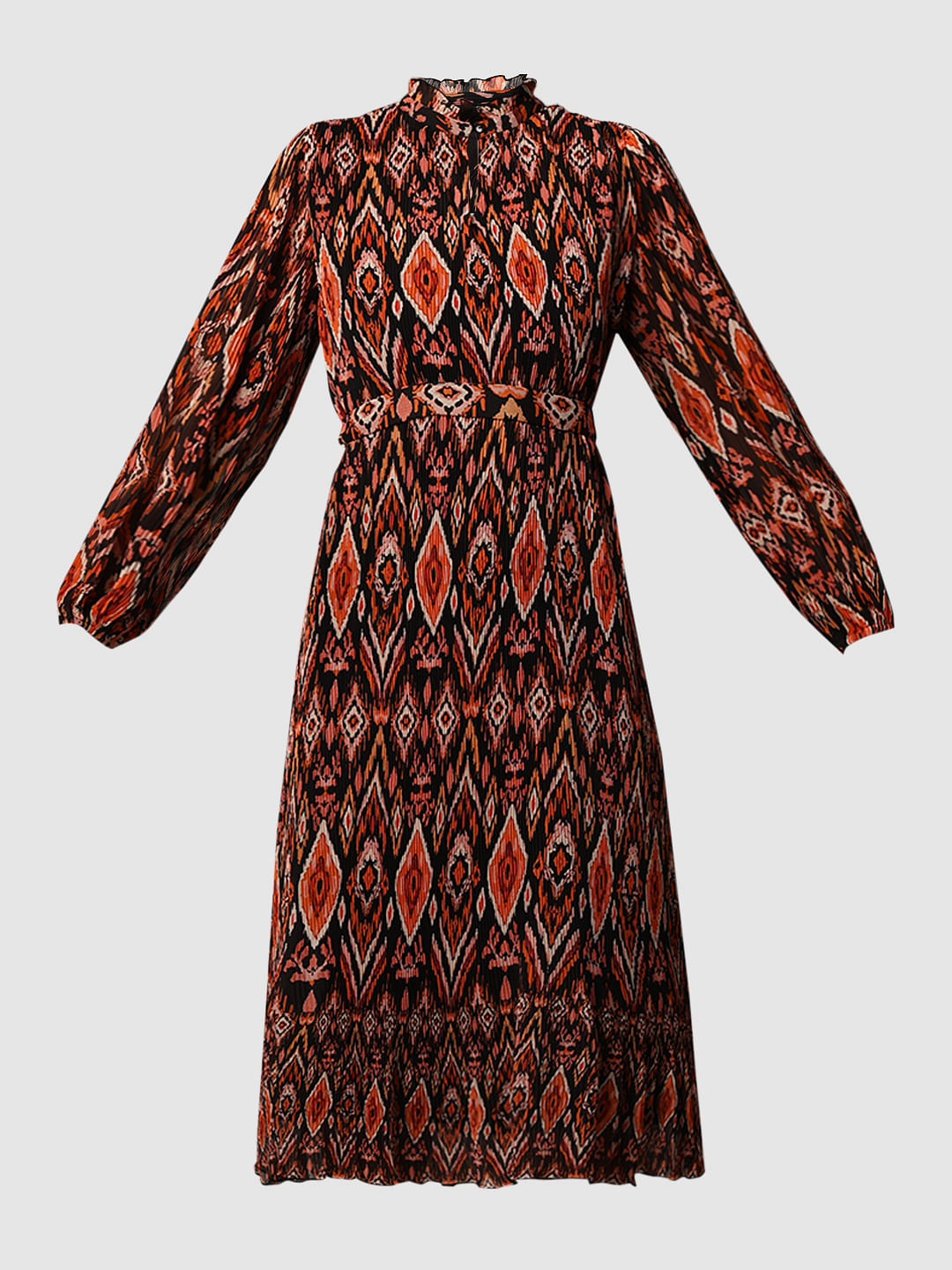 Black Printed Pleated Midi Dress