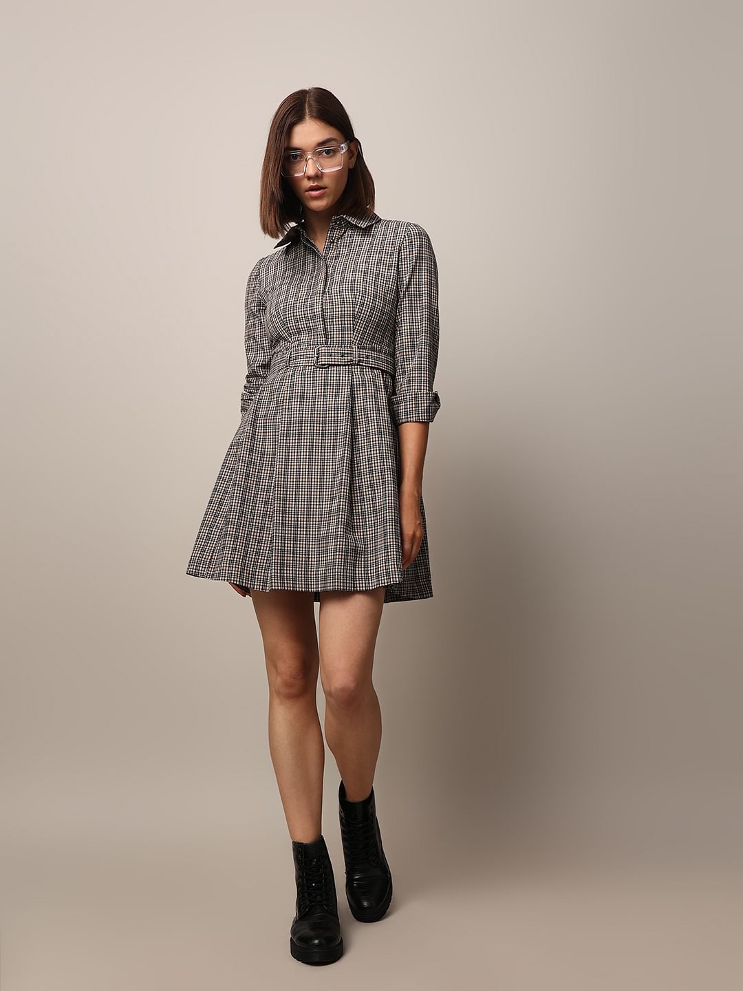 Grey Check Belted Shirt Dress
