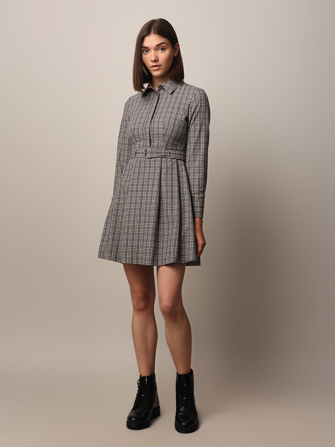 Grey Check Belted Shirt Dress