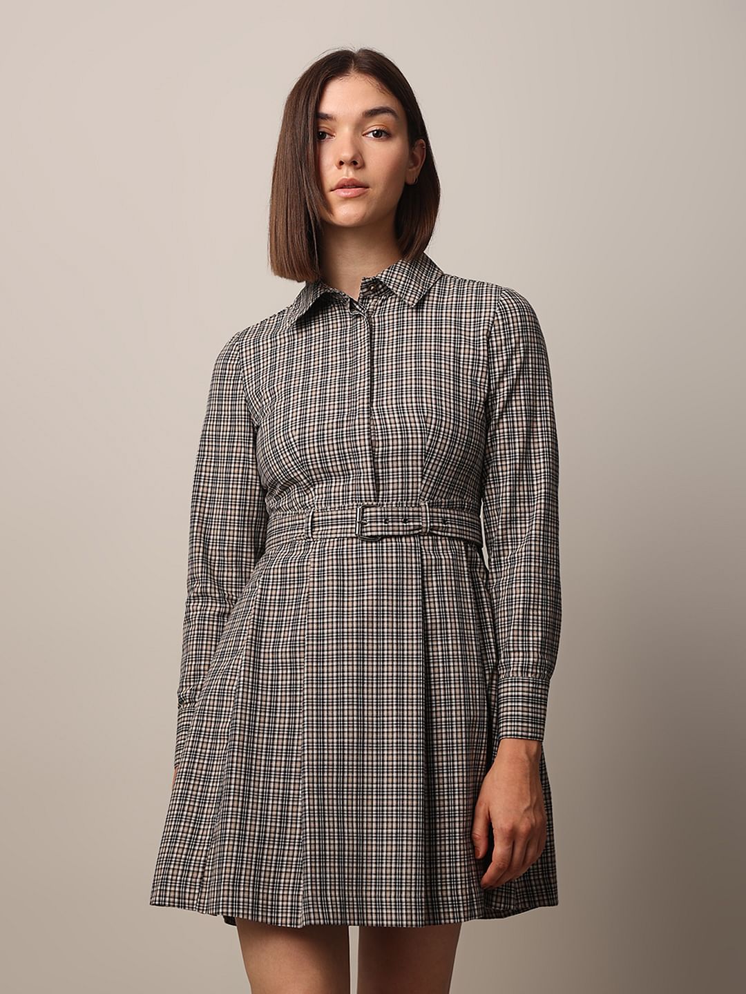 Grey Check Belted Shirt Dress