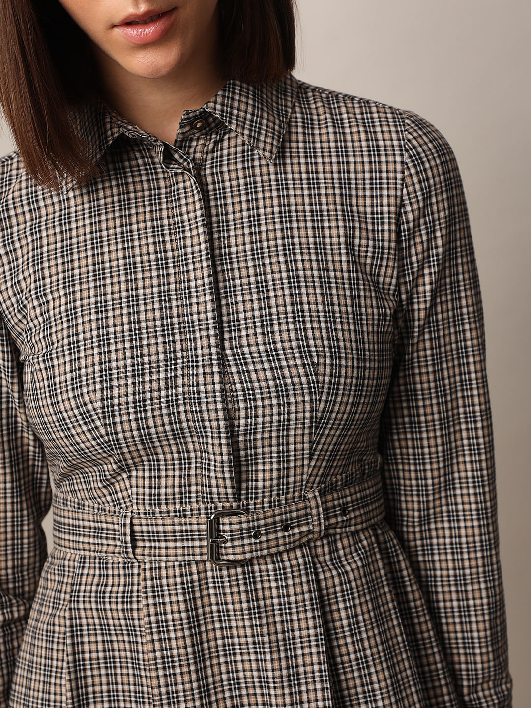 Grey Check Belted Shirt Dress