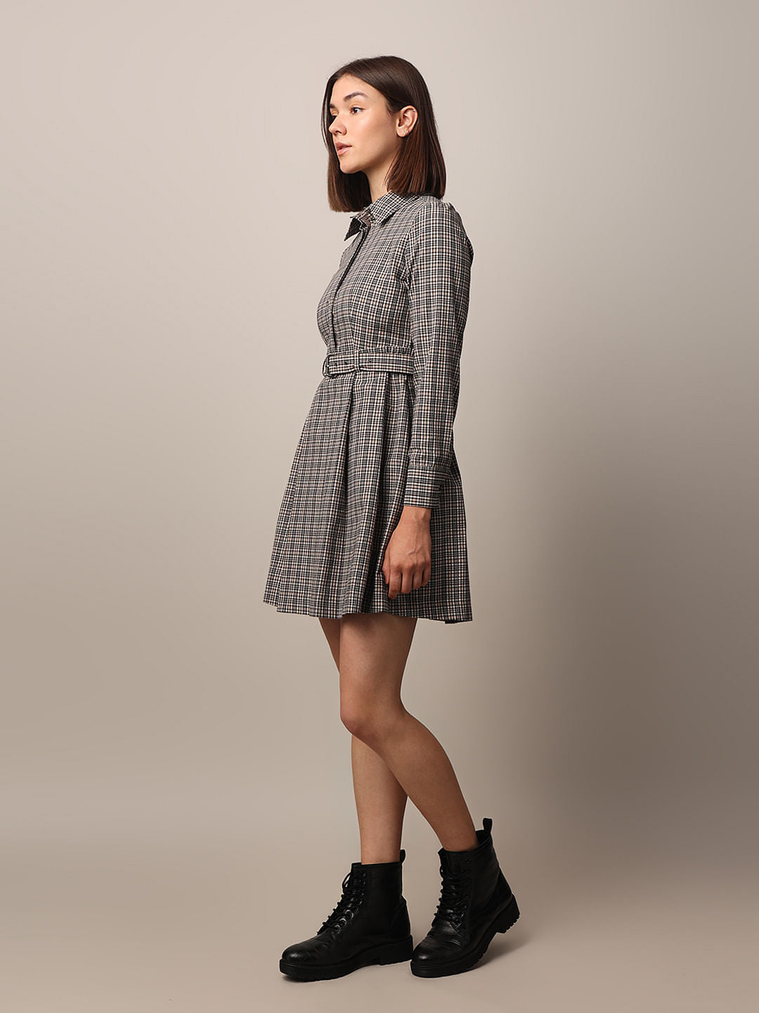 Grey Check Belted Shirt Dress