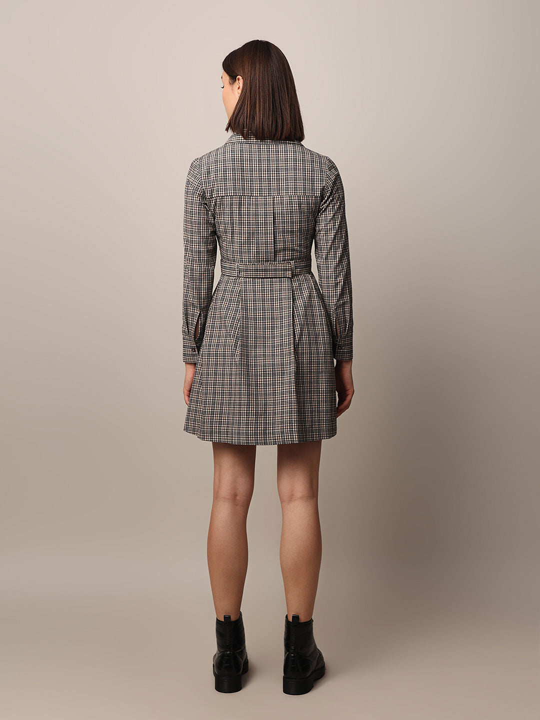 Grey Check Belted Shirt Dress