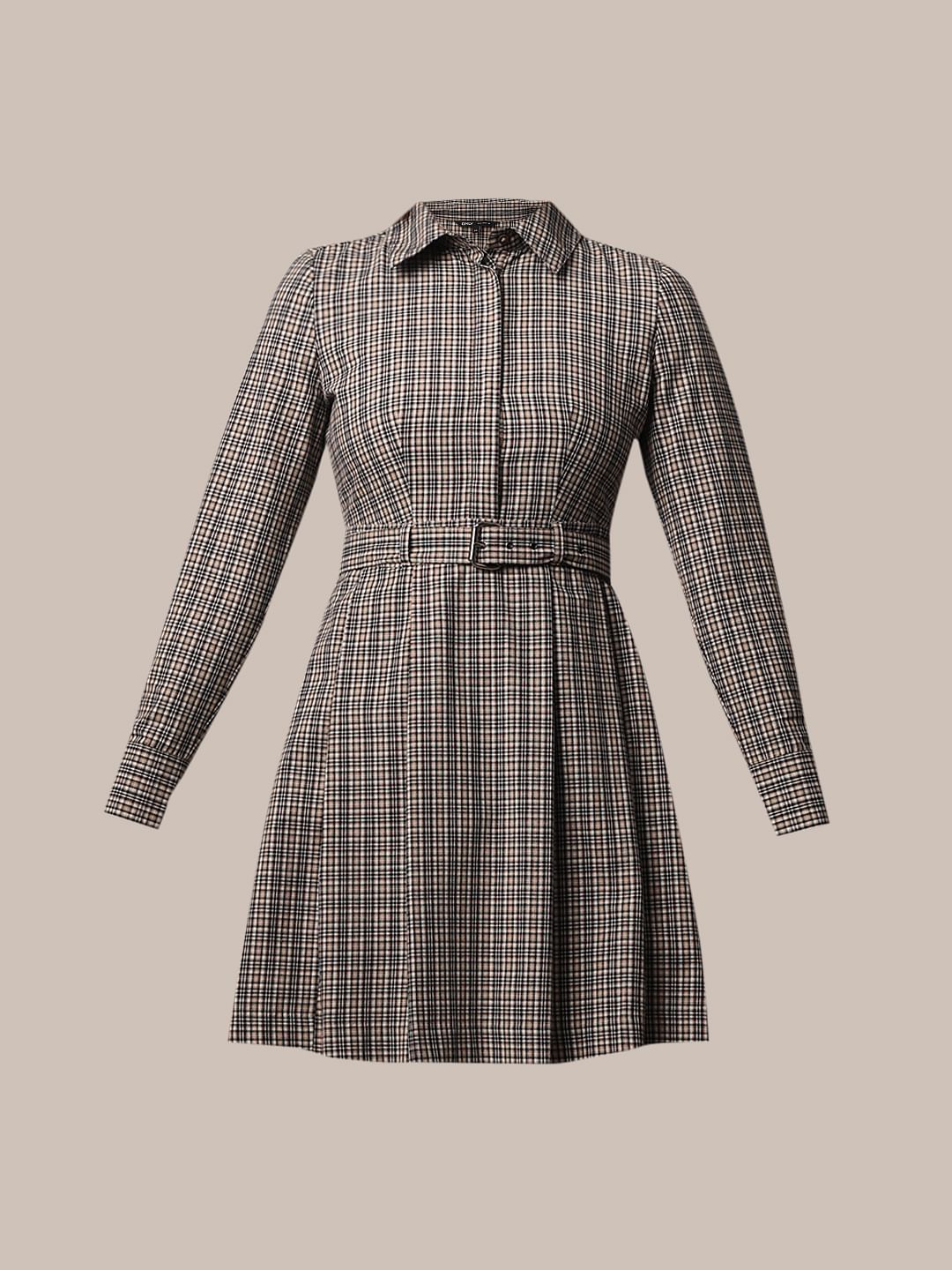 Grey Check Belted Shirt Dress