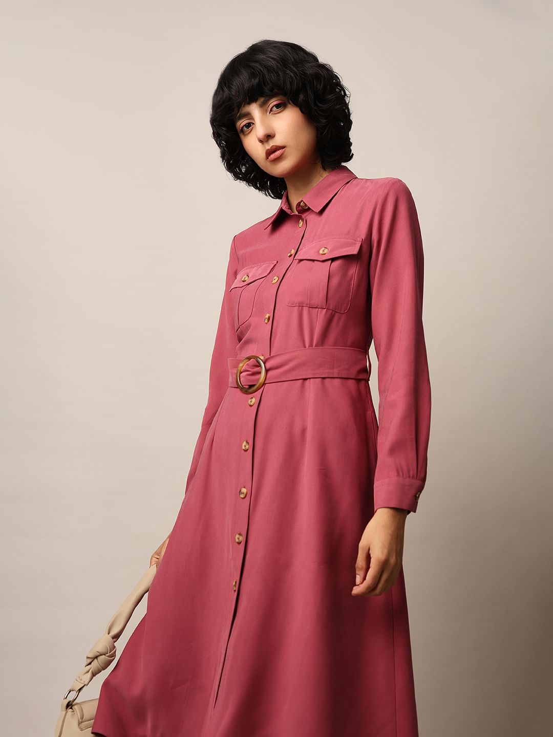 Dark Pink Belted Shirt Dress