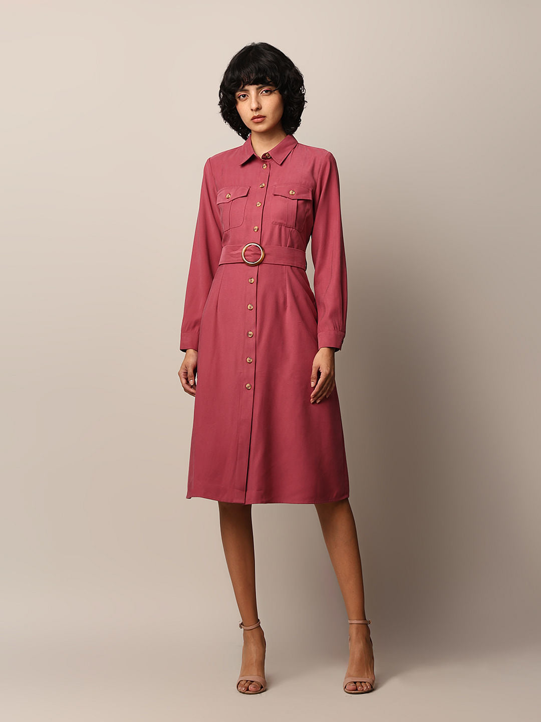 Dark Pink Belted Shirt Dress