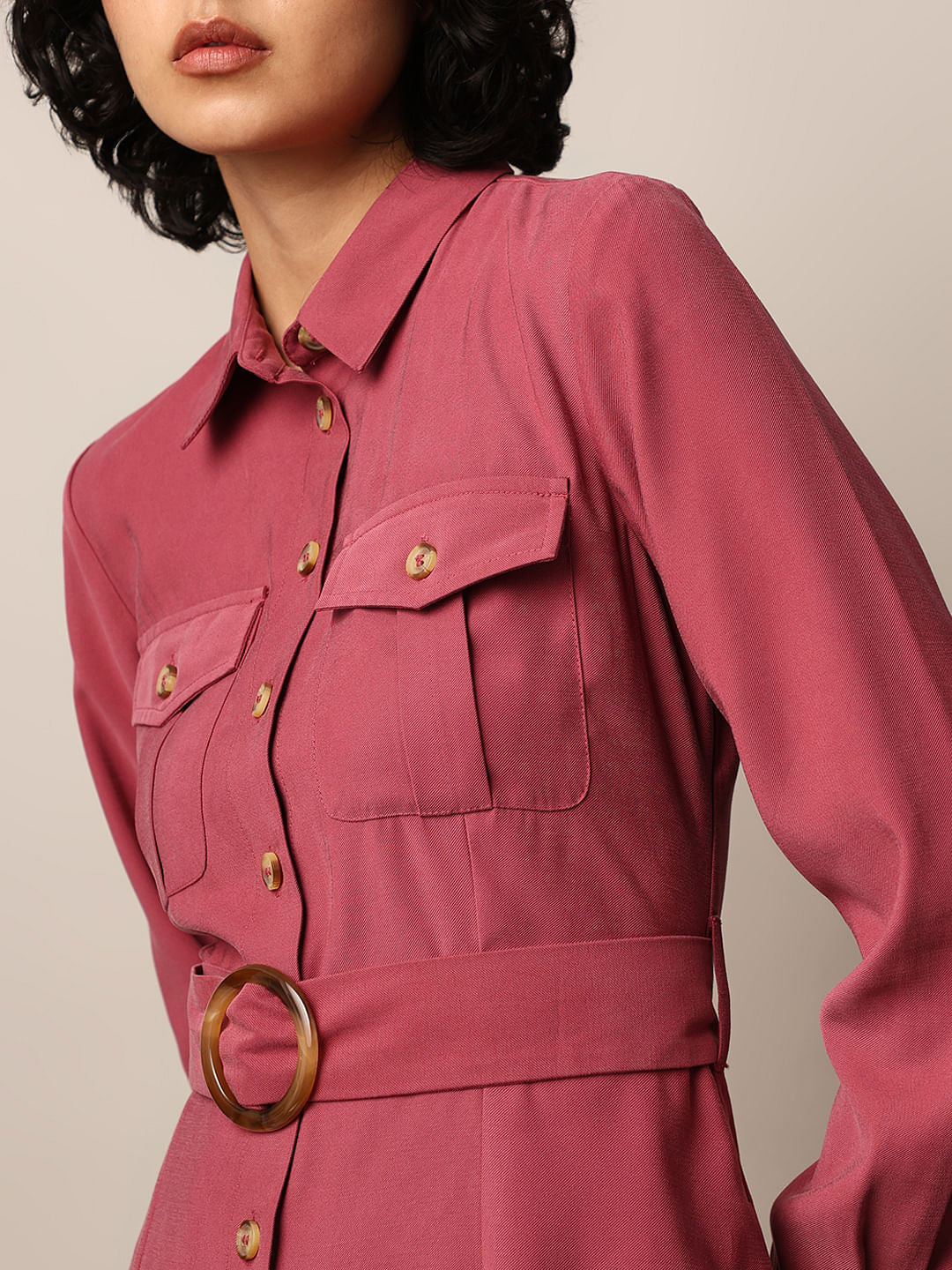 Dark Pink Belted Shirt Dress