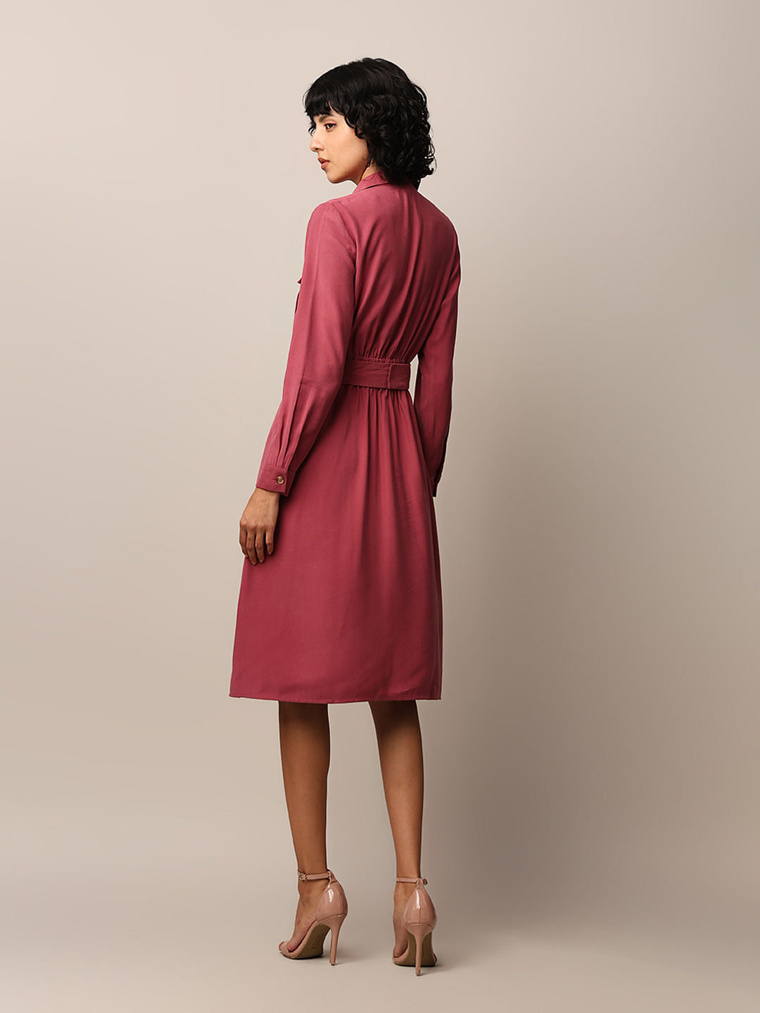 Dark Pink Belted Shirt Dress