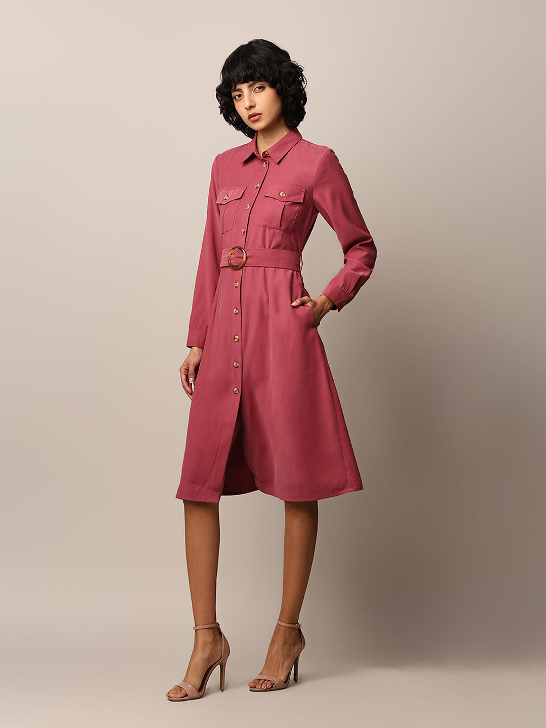 Dark Pink Belted Shirt Dress