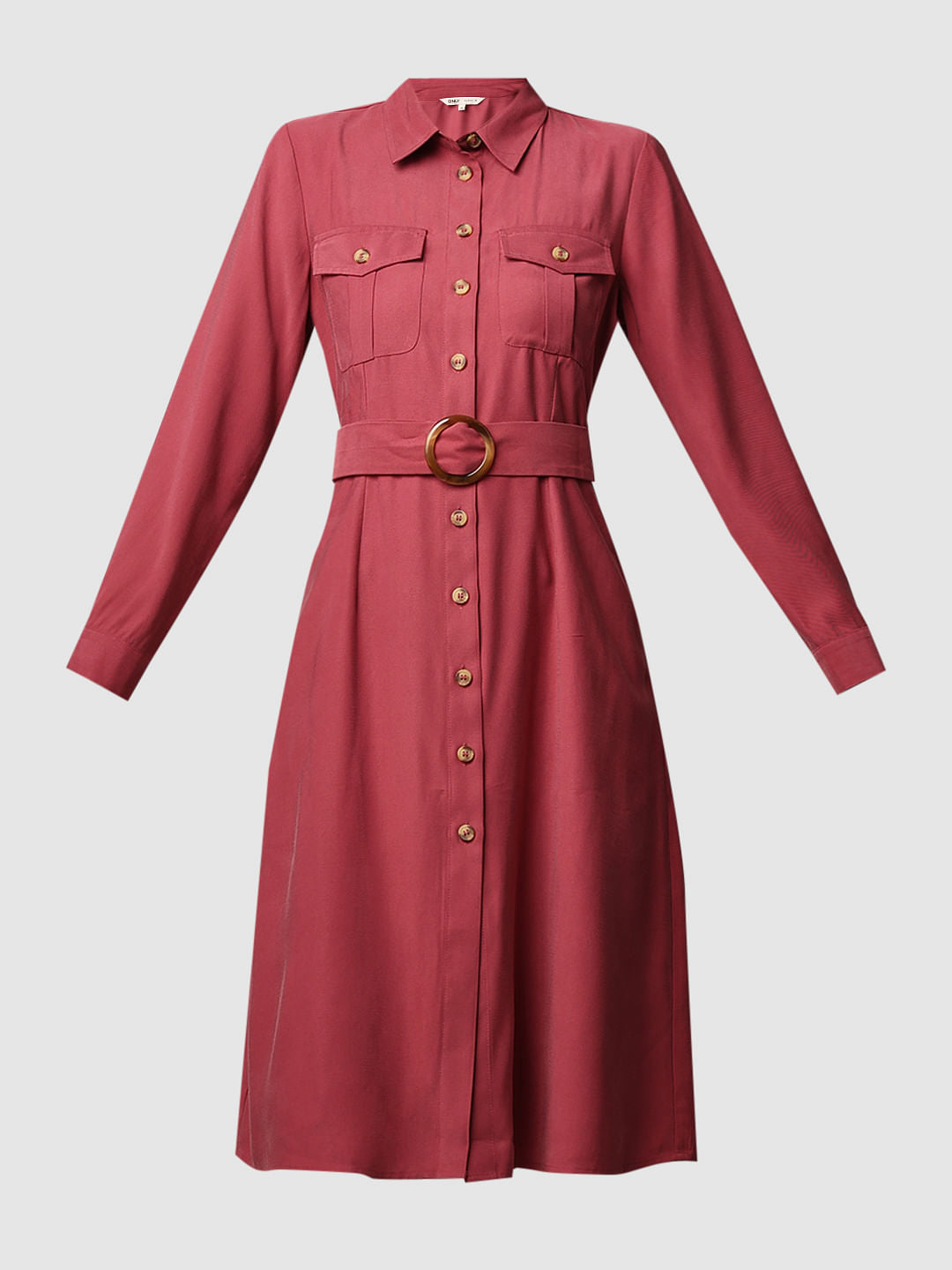 Dark Pink Belted Shirt Dress