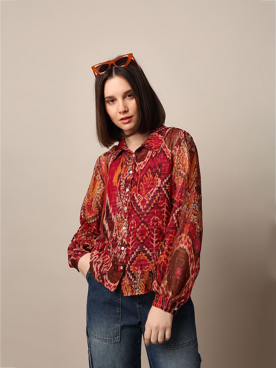 Maroon Printed Chiffon Shirt