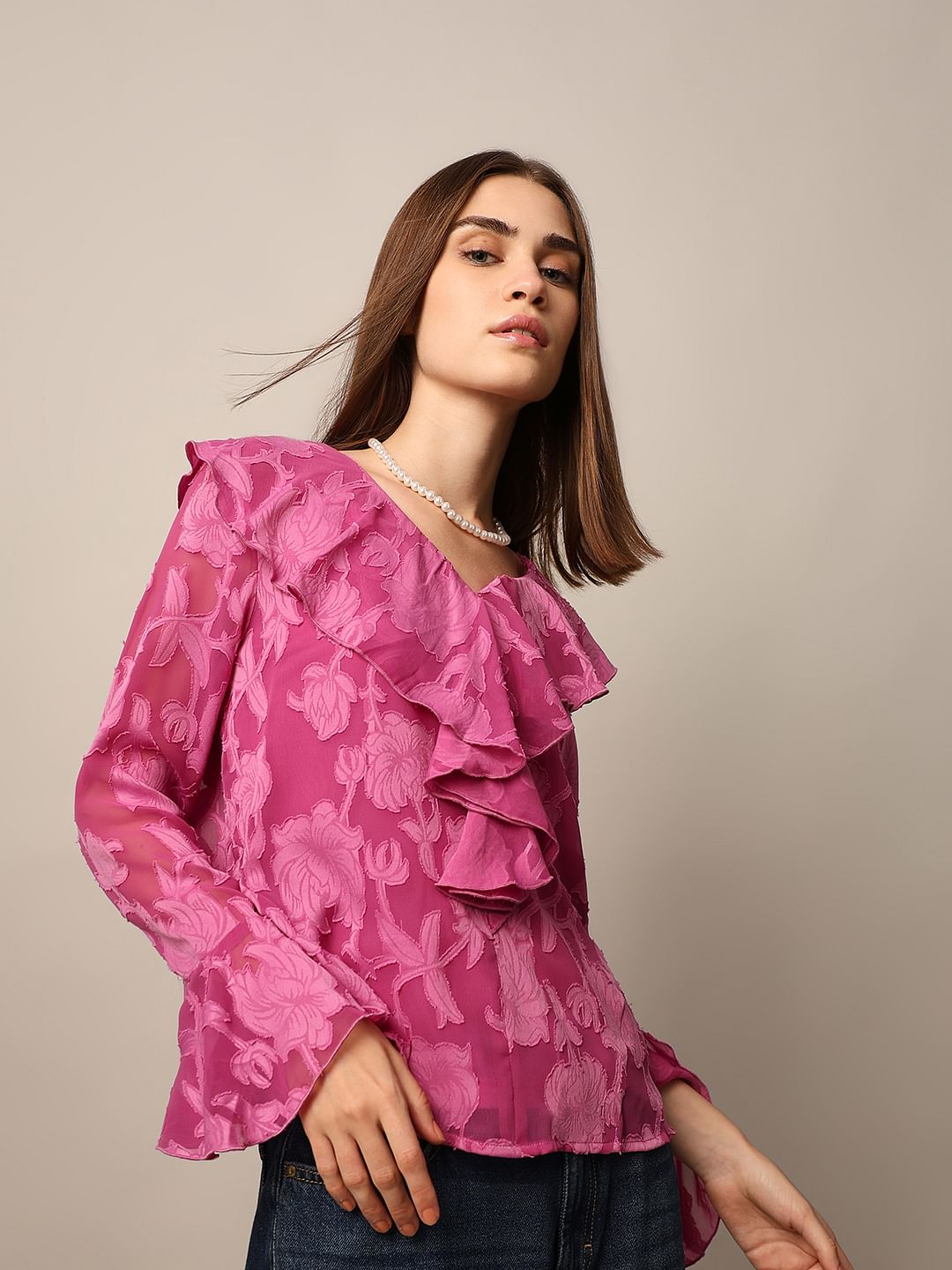 Pink Floral Print Frill Top