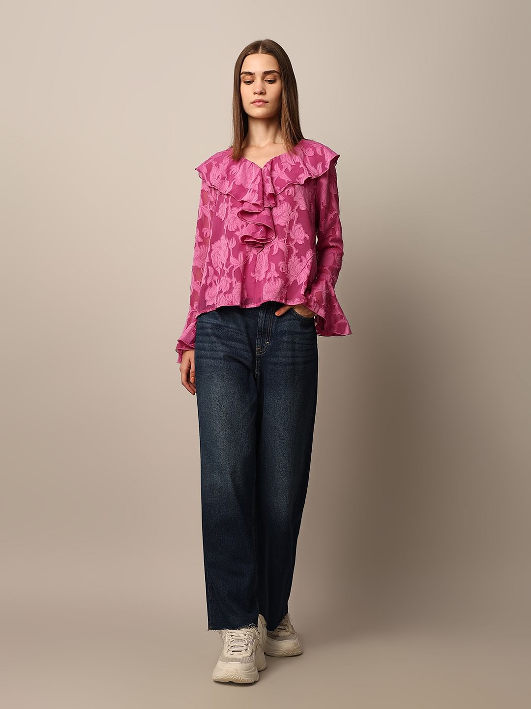 Pink Floral Print Frill Top