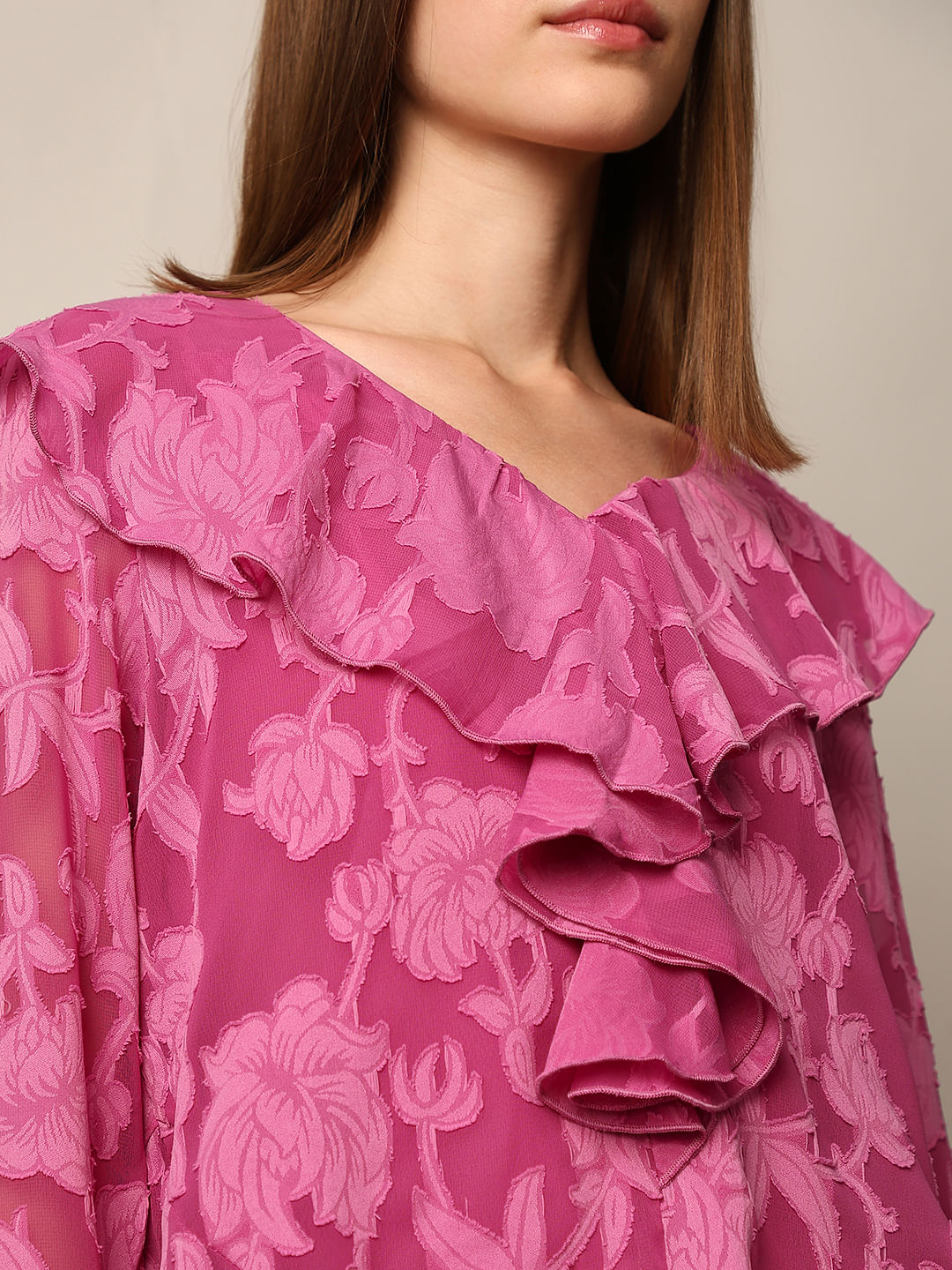 Pink Floral Print Frill Top