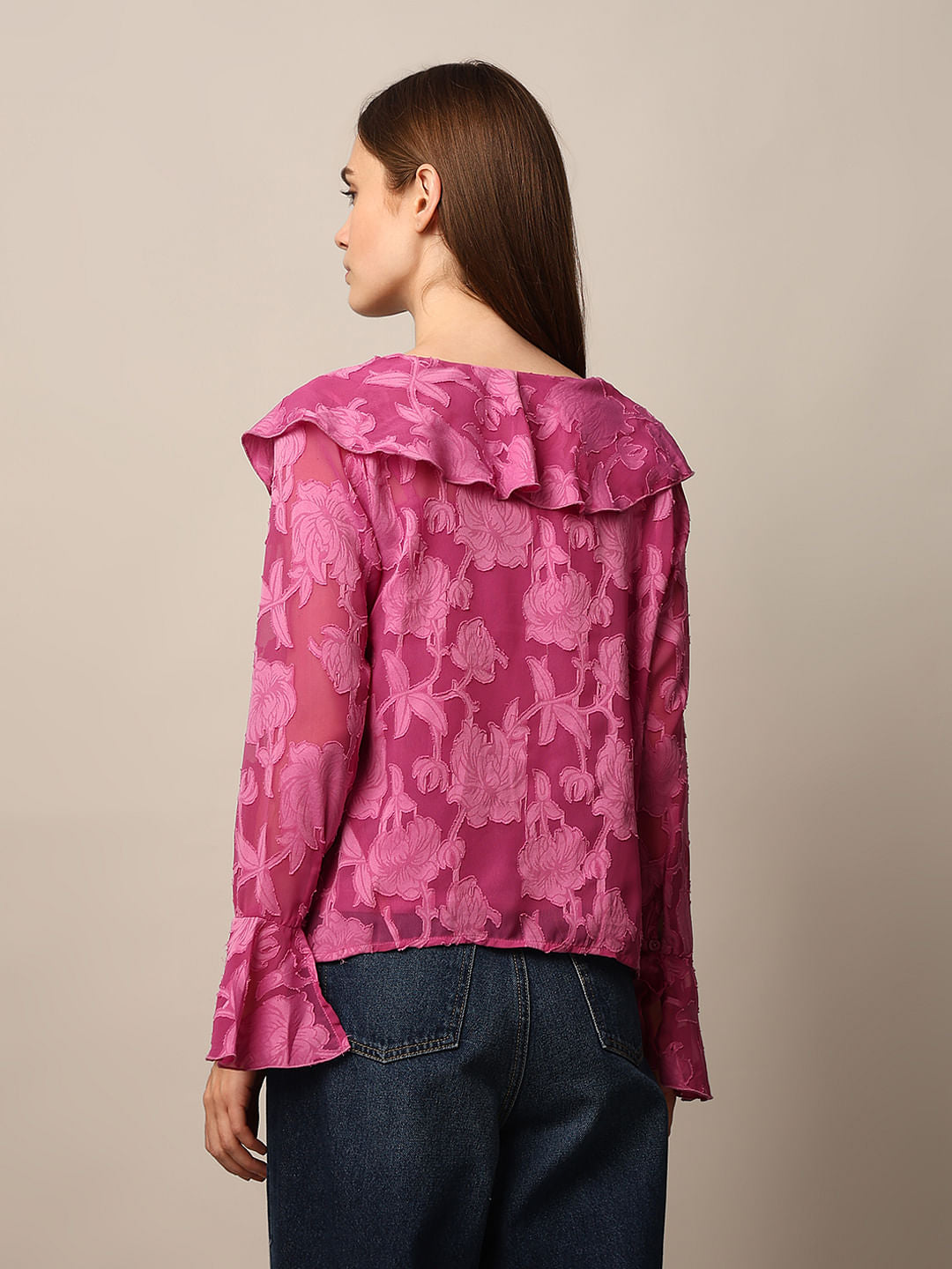 Pink Floral Print Frill Top