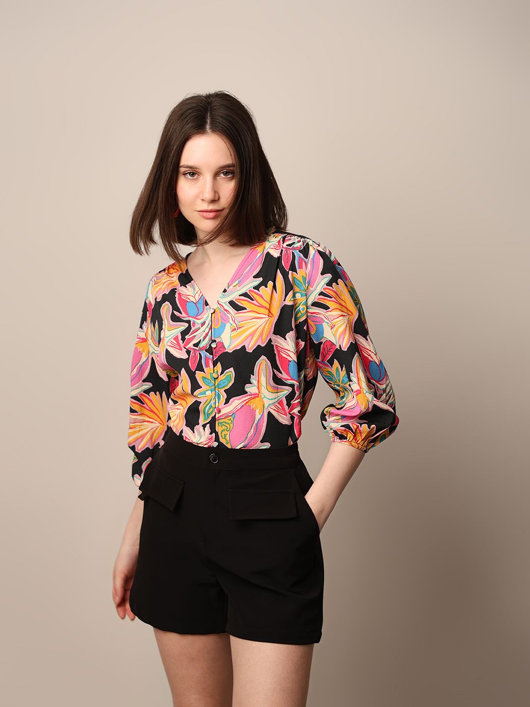 Black Printed Crepe Top