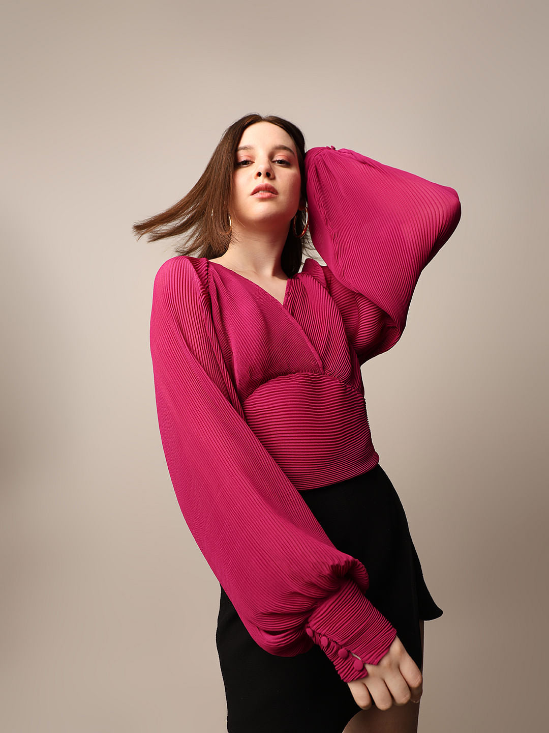 Pink Pleated Cinched Waist Top