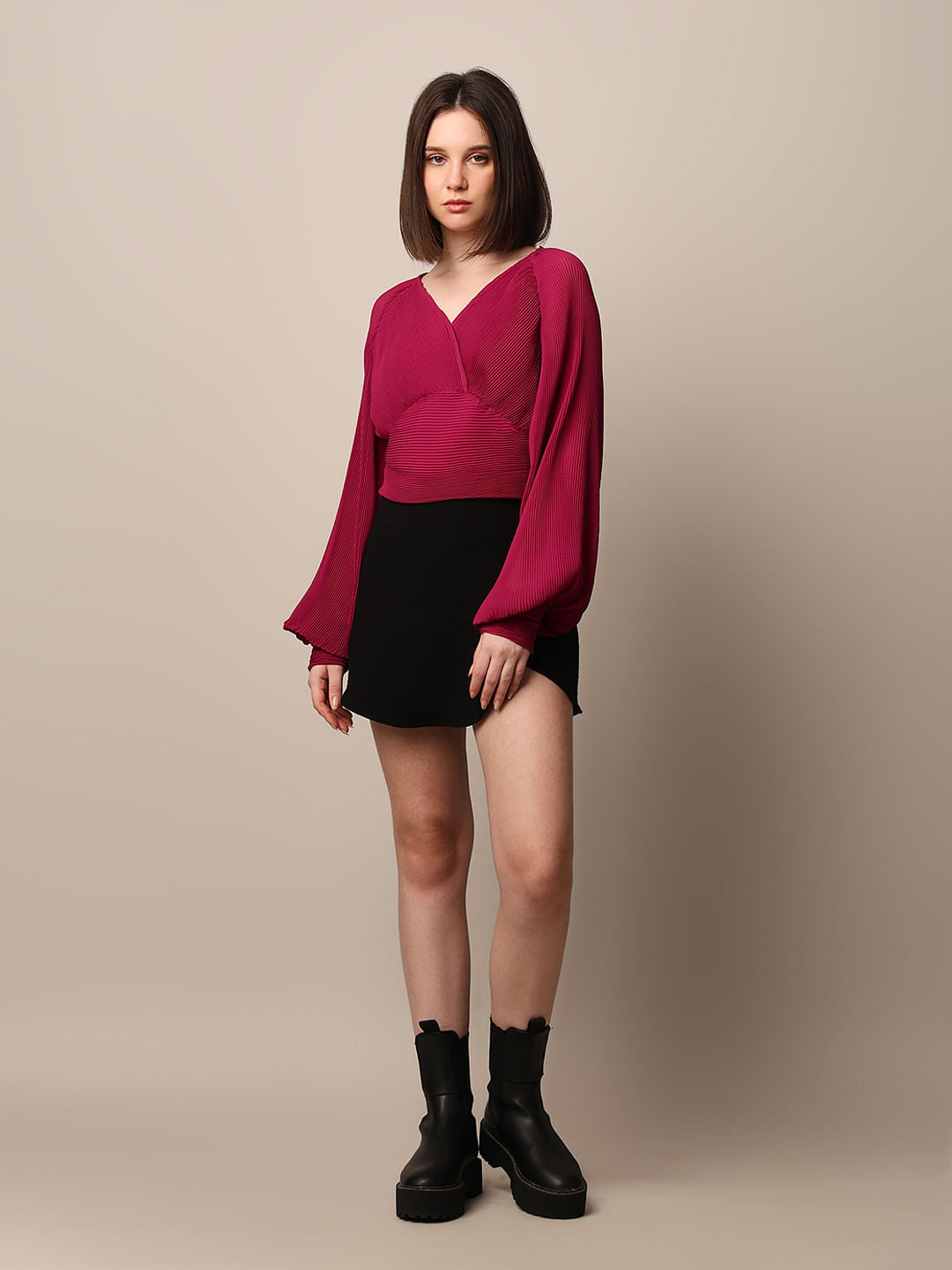 Pink Pleated Cinched Waist Top