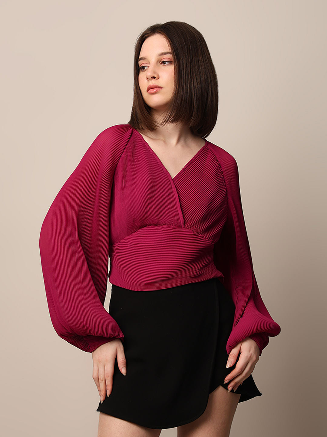 Pink Pleated Cinched Waist Top