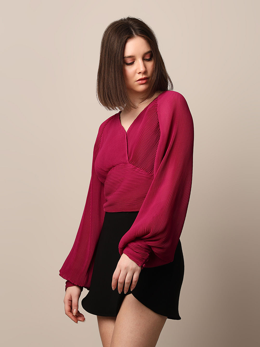 Pink Pleated Cinched Waist Top