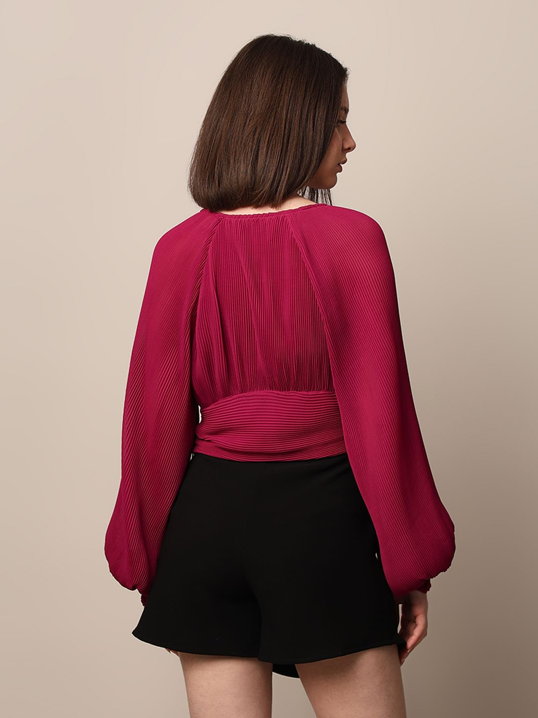 Pink Pleated Cinched Waist Top