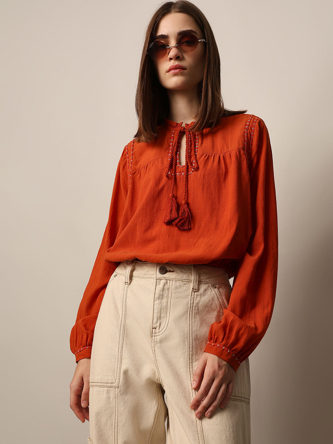 Orange Drawstring Detail Top
