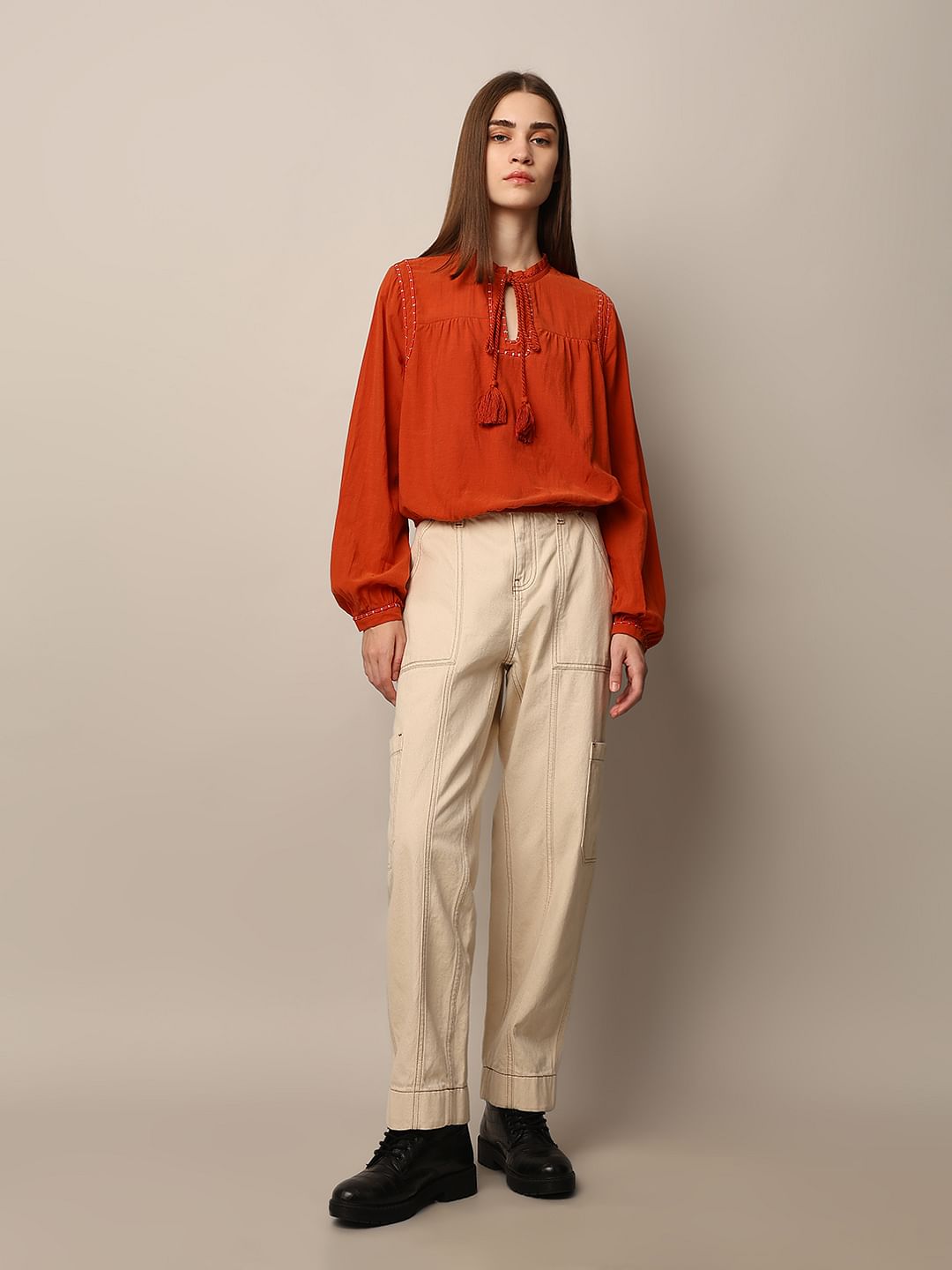 Orange Drawstring Detail Top