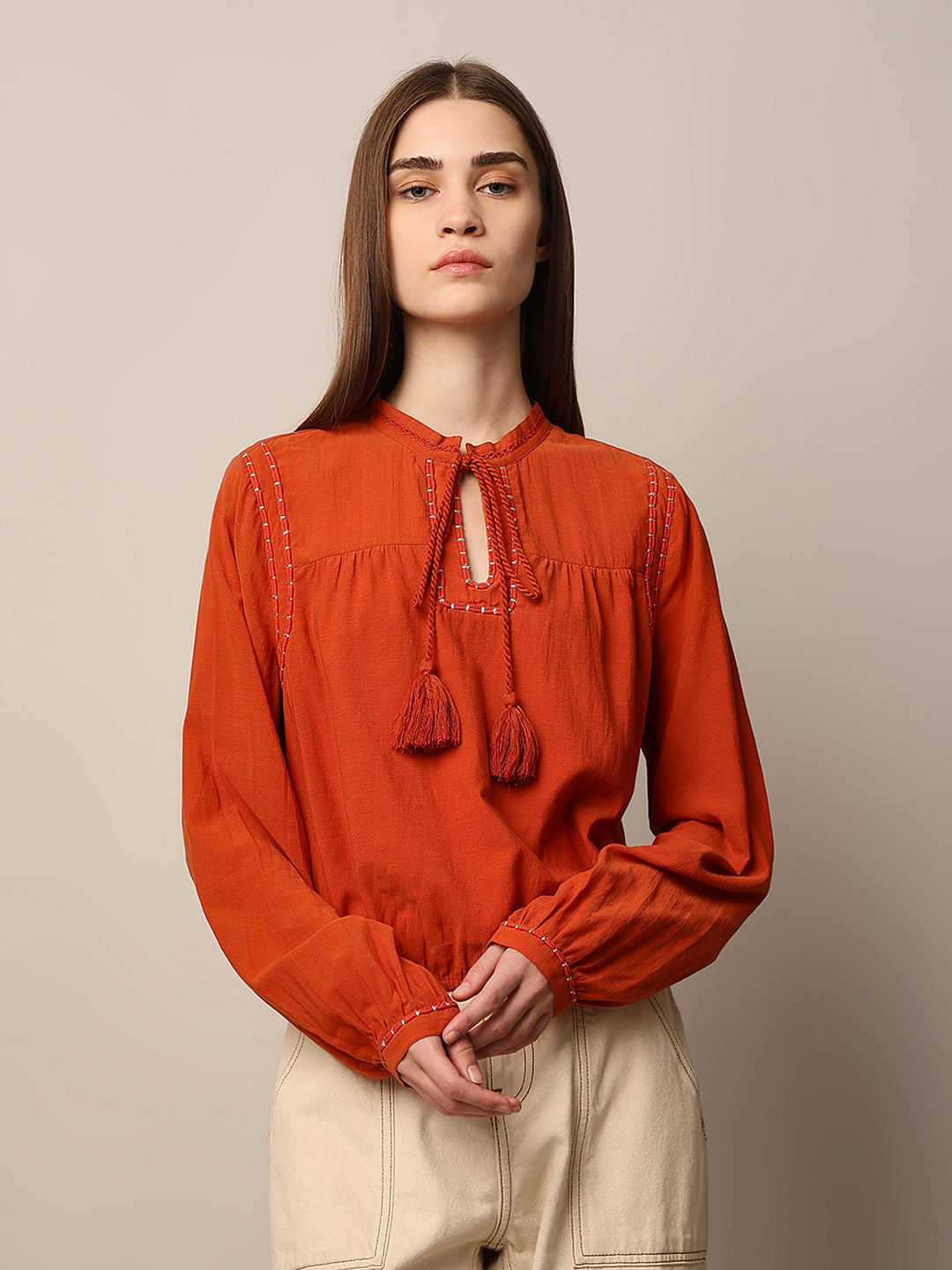 Orange Drawstring Detail Top
