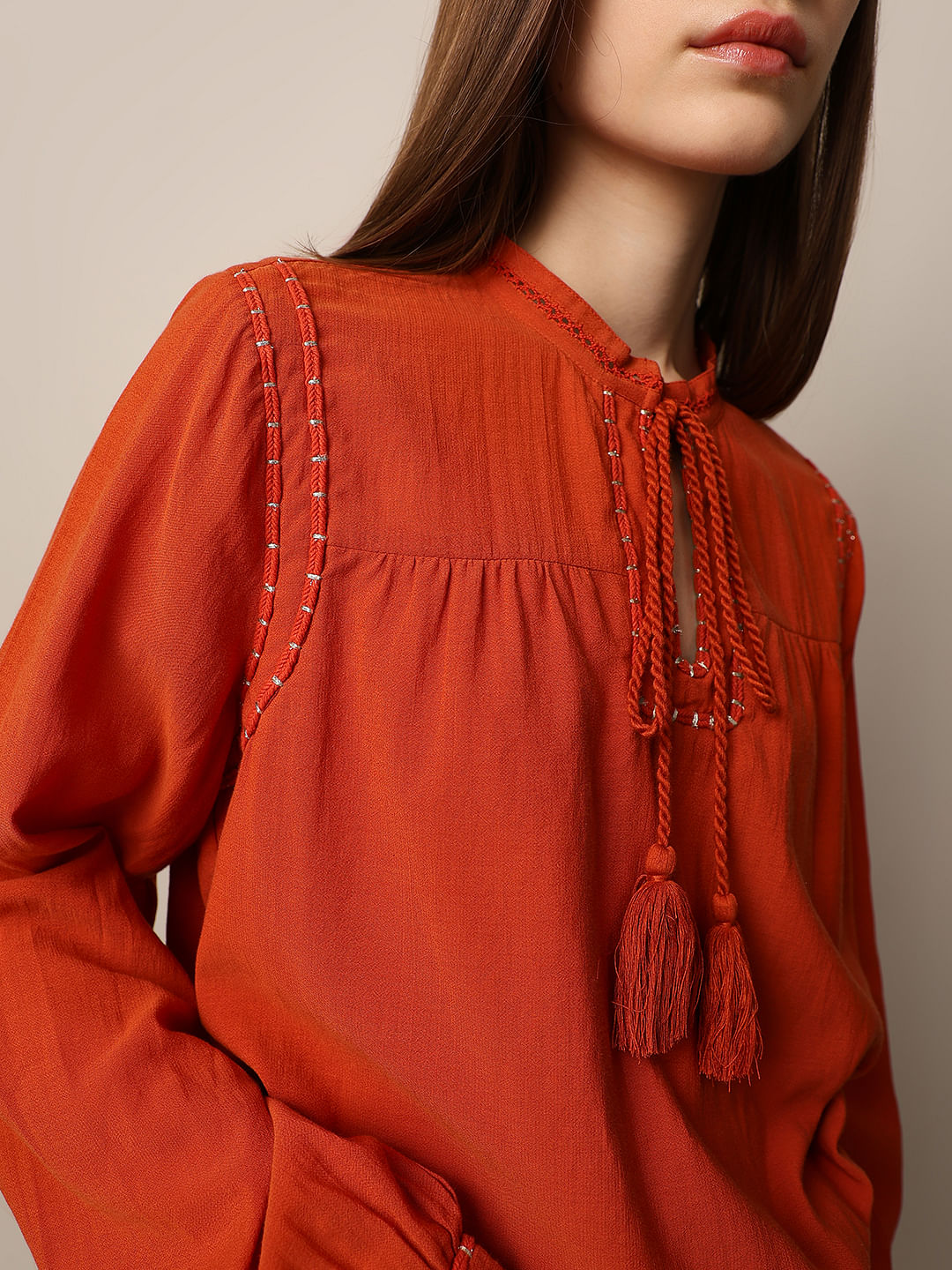 Orange Drawstring Detail Top