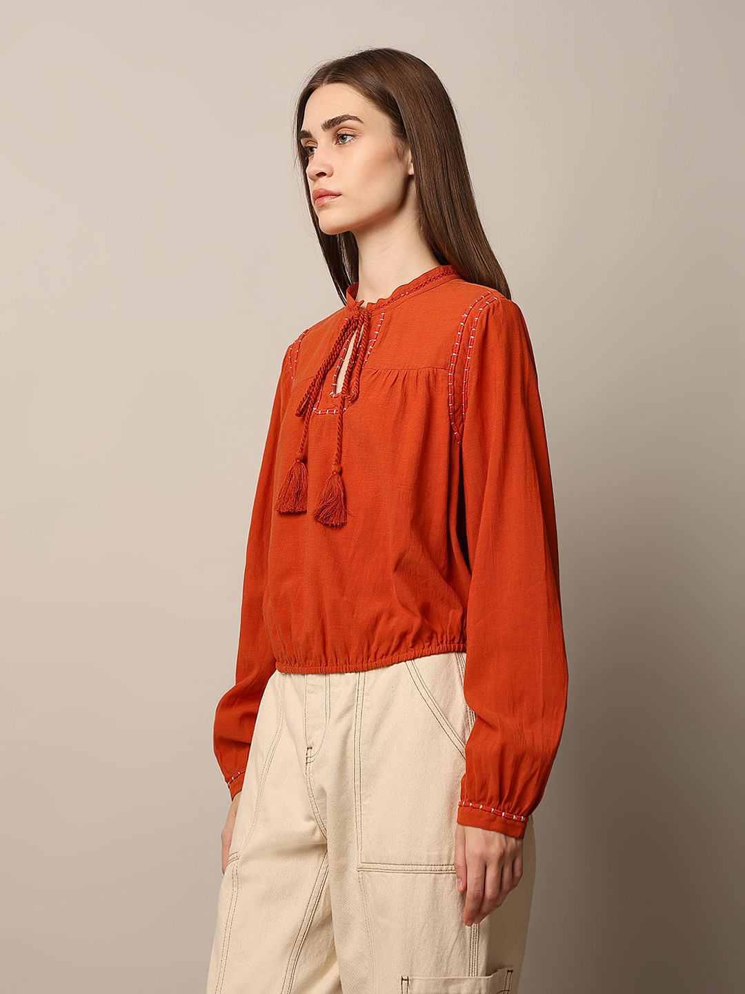 Orange Drawstring Detail Top