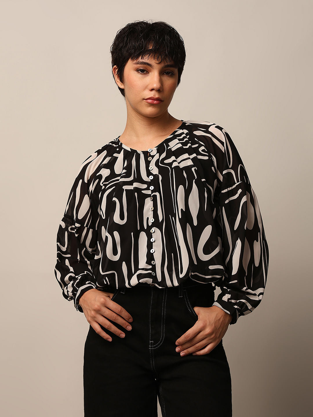 Black Abstract Print Chiffon Top