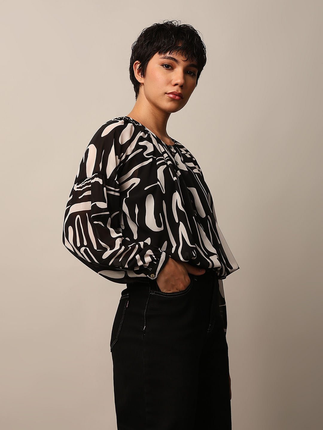 Black Abstract Print Chiffon Top