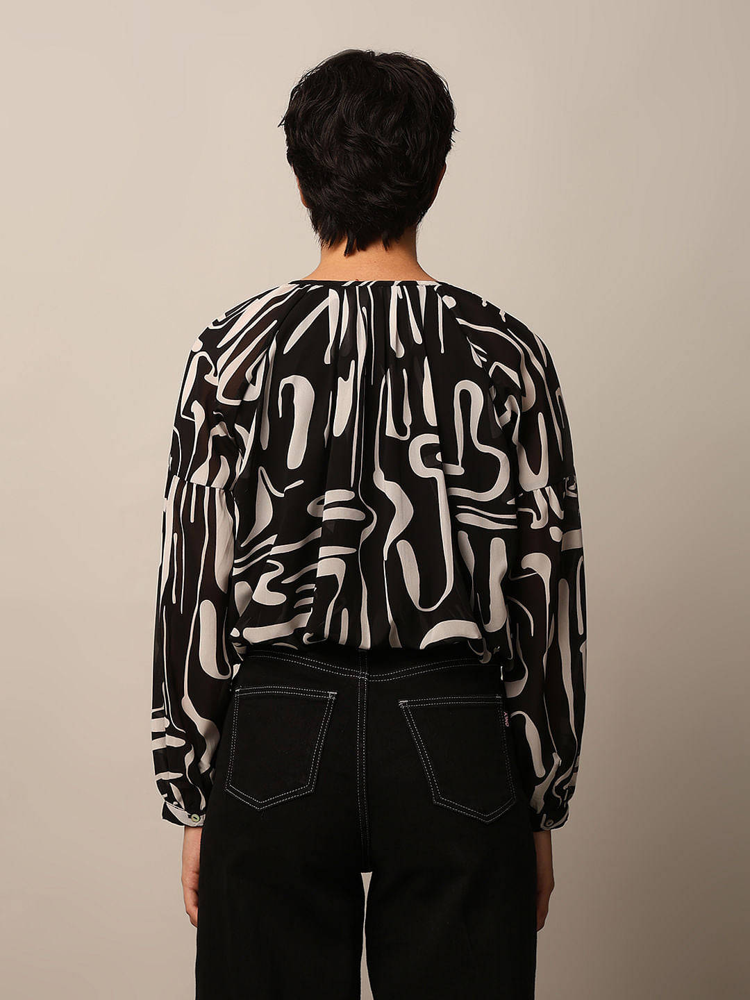 Black Abstract Print Chiffon Top