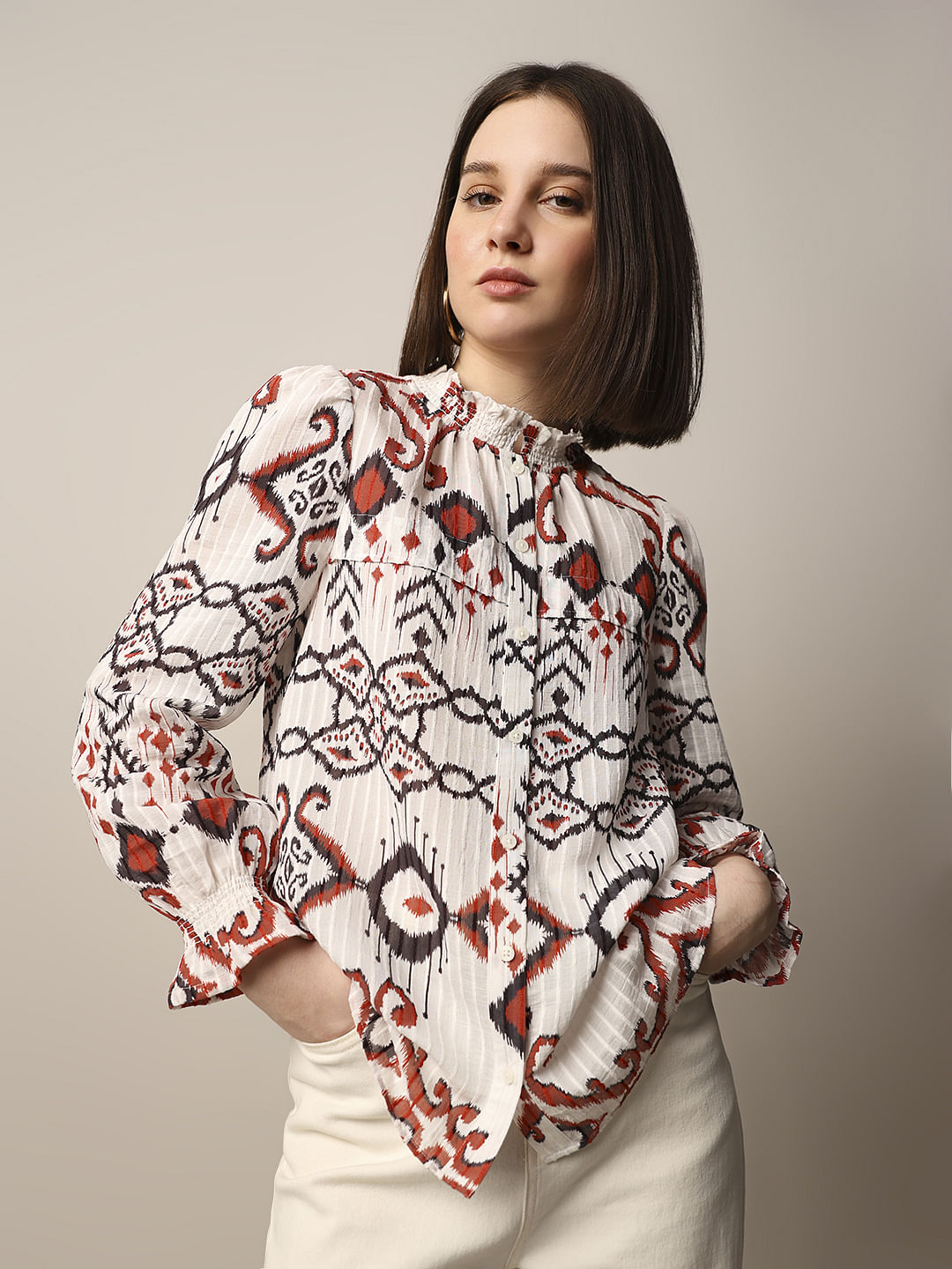 White Printed Frill-Trim Top Andwang Classical Ribbon Frill Top