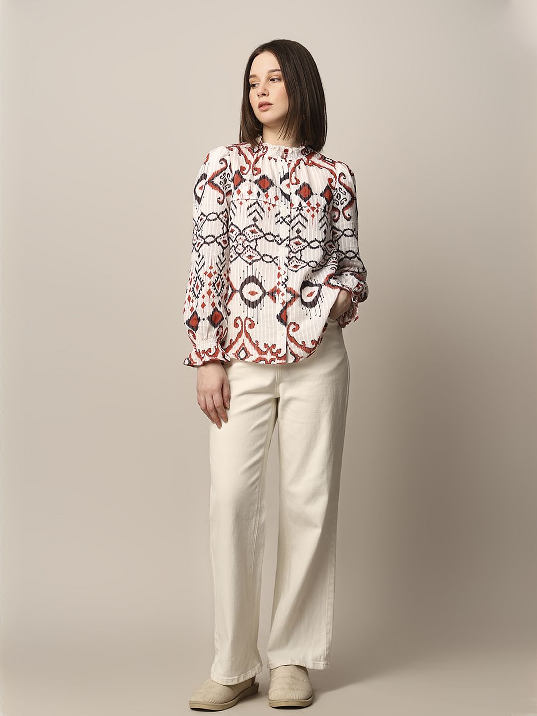 White Printed Frill-Trim Top