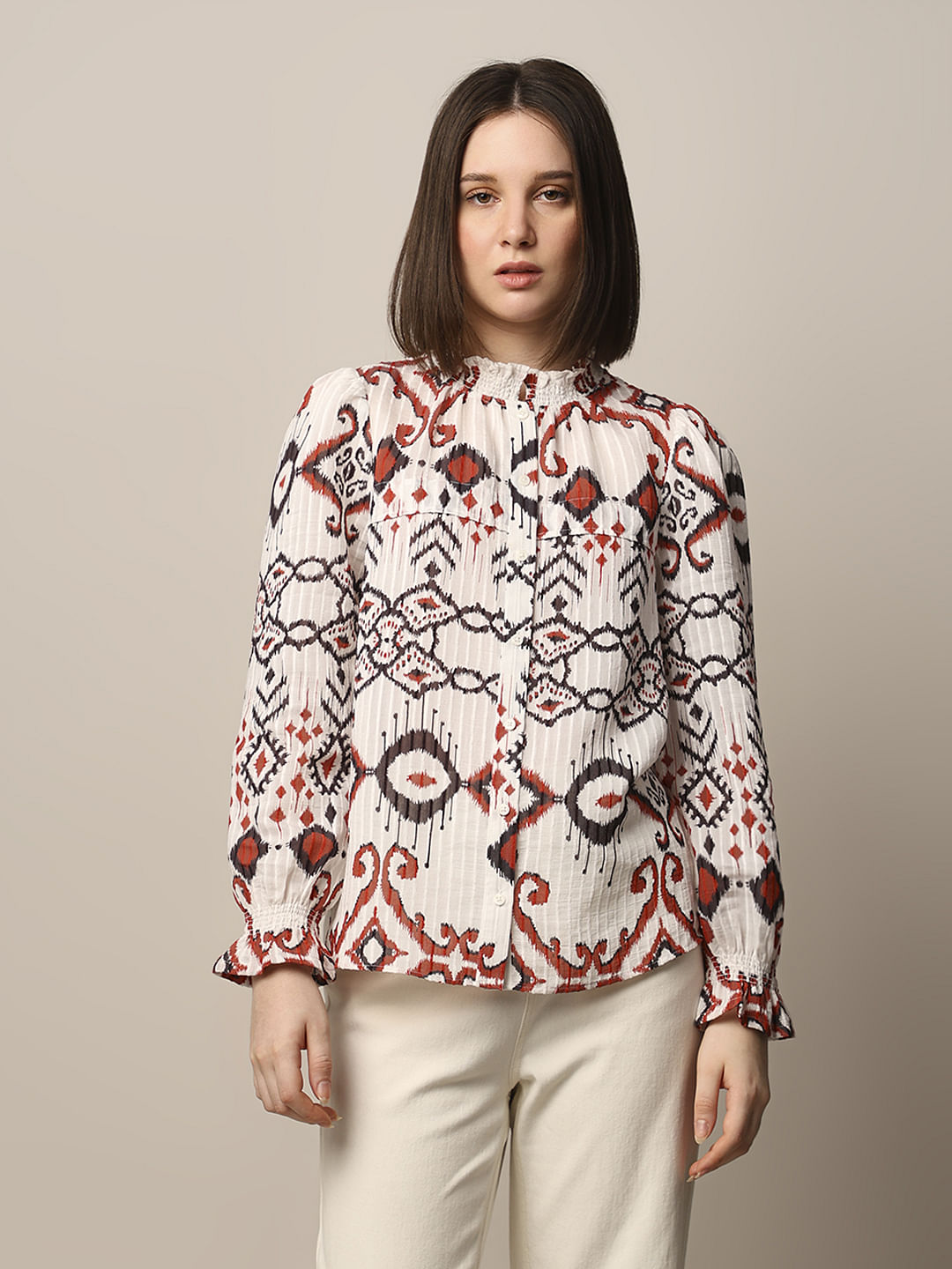 White Printed Frill-Trim Top