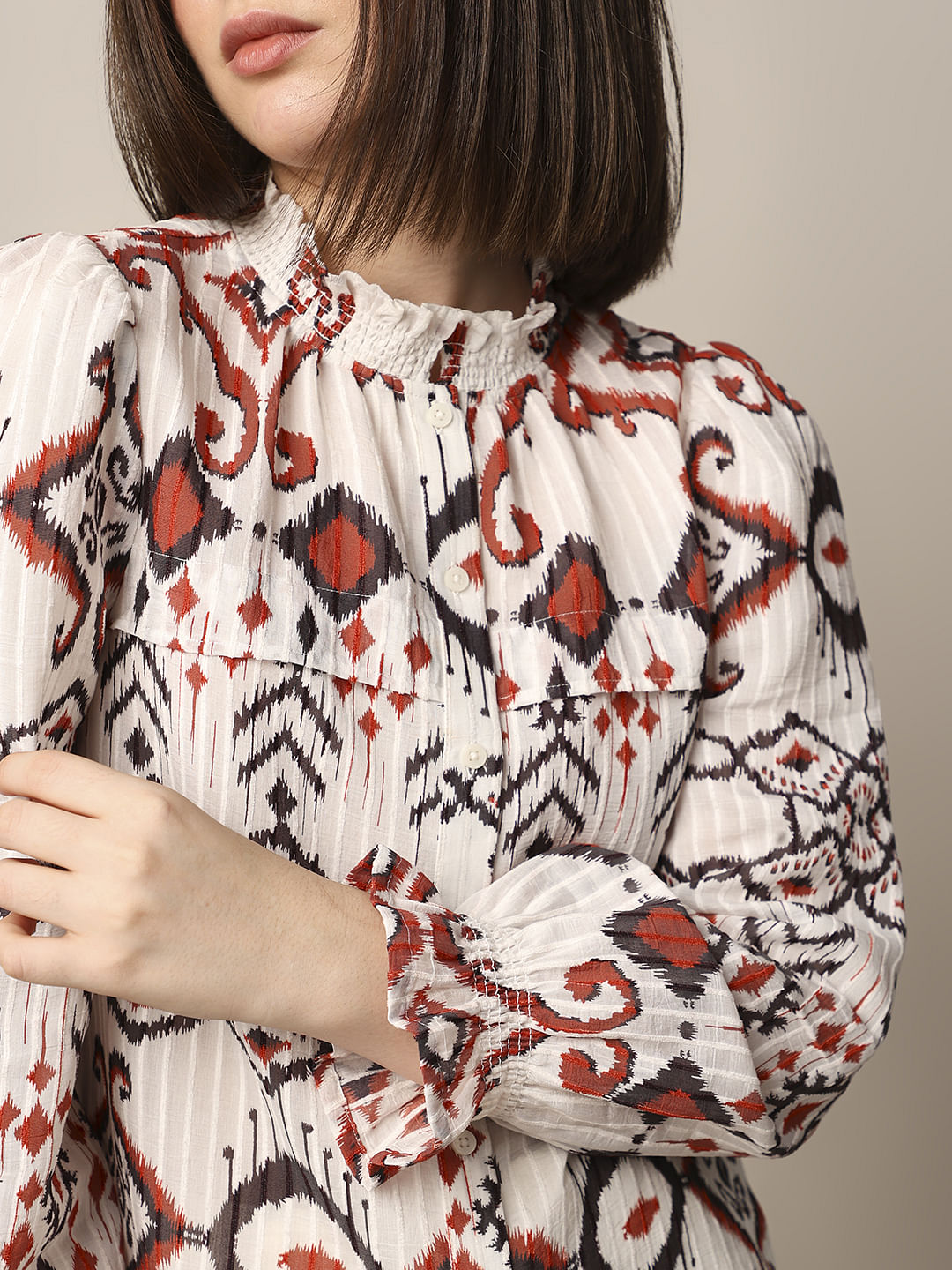 White Printed Frill-Trim Top