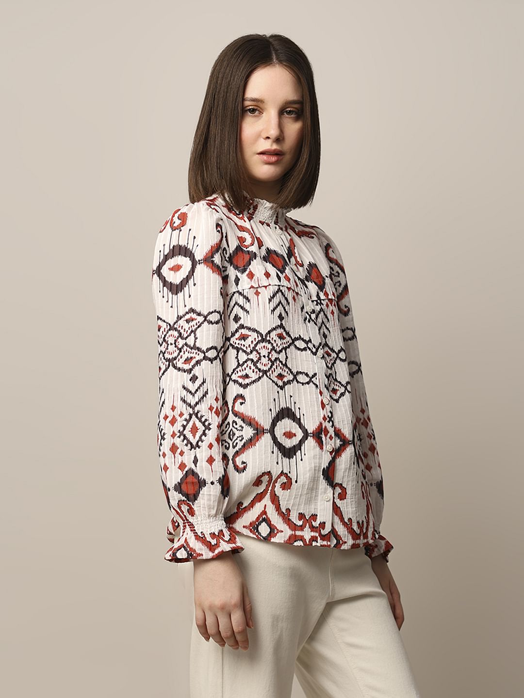 White Printed Frill-Trim Top