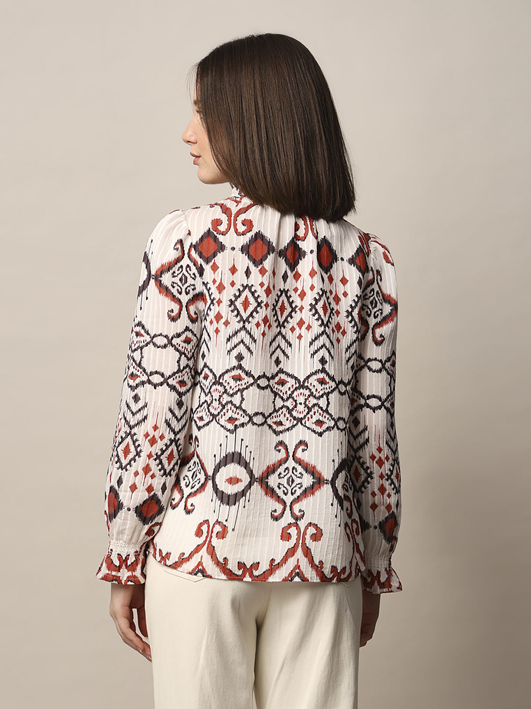 White Printed Frill-Trim Top