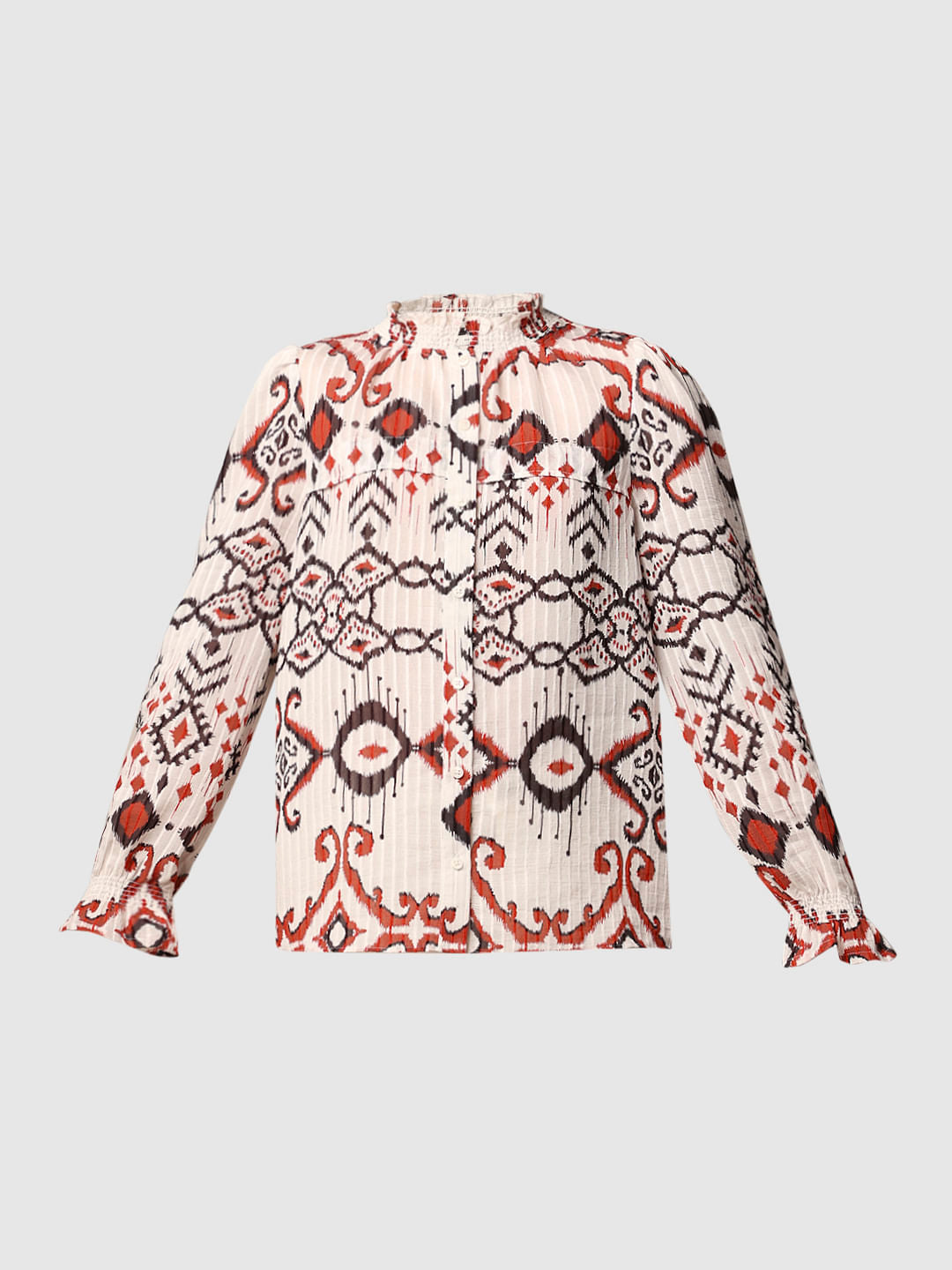 White Printed Frill-Trim Top