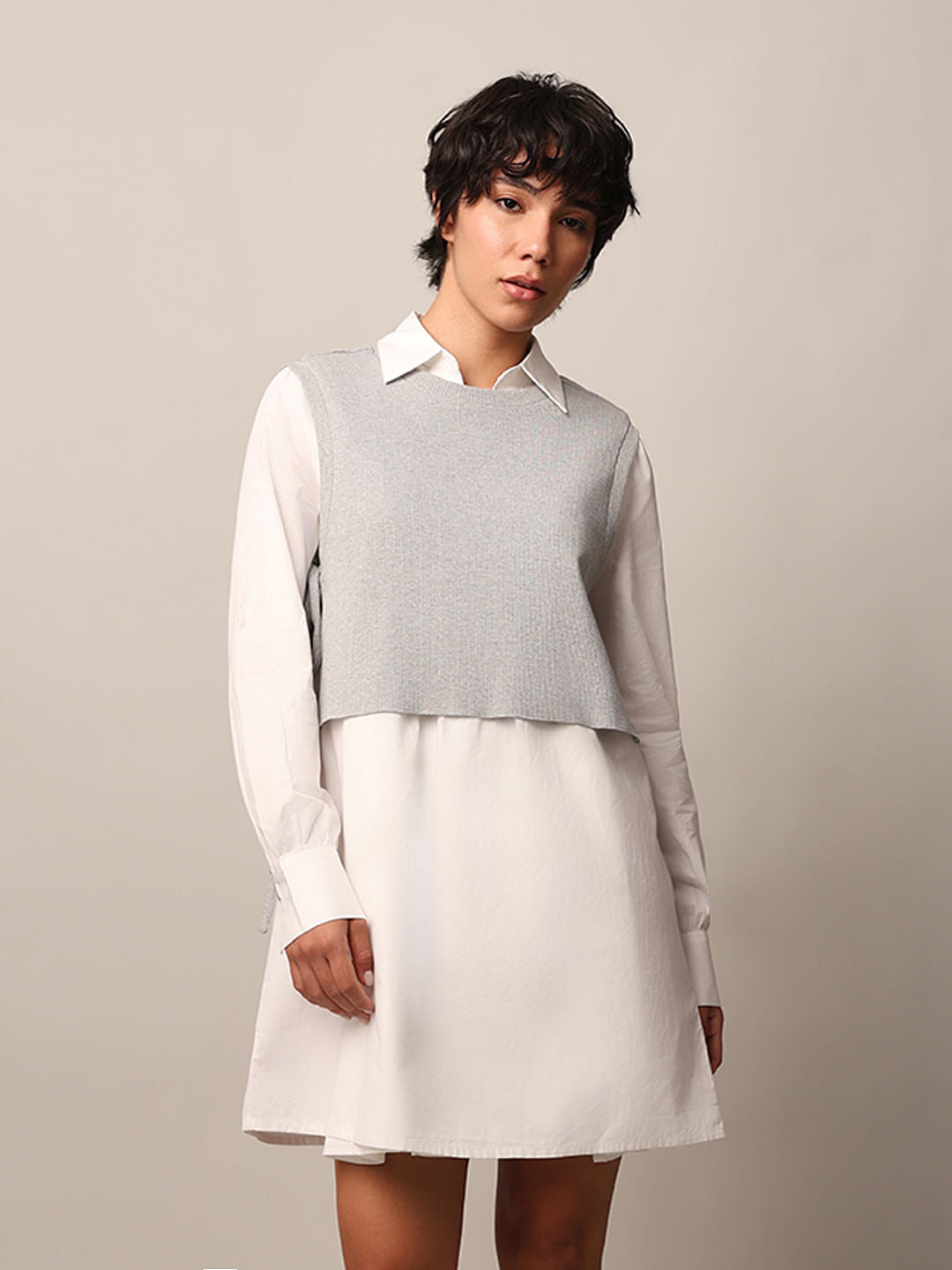 White Mock Pullover Shirt Dress