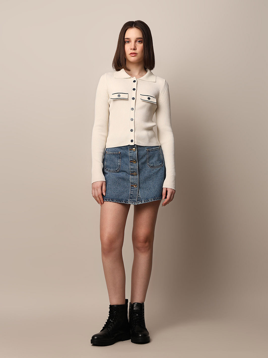 Beige Rib-Knit Fitted Shirt